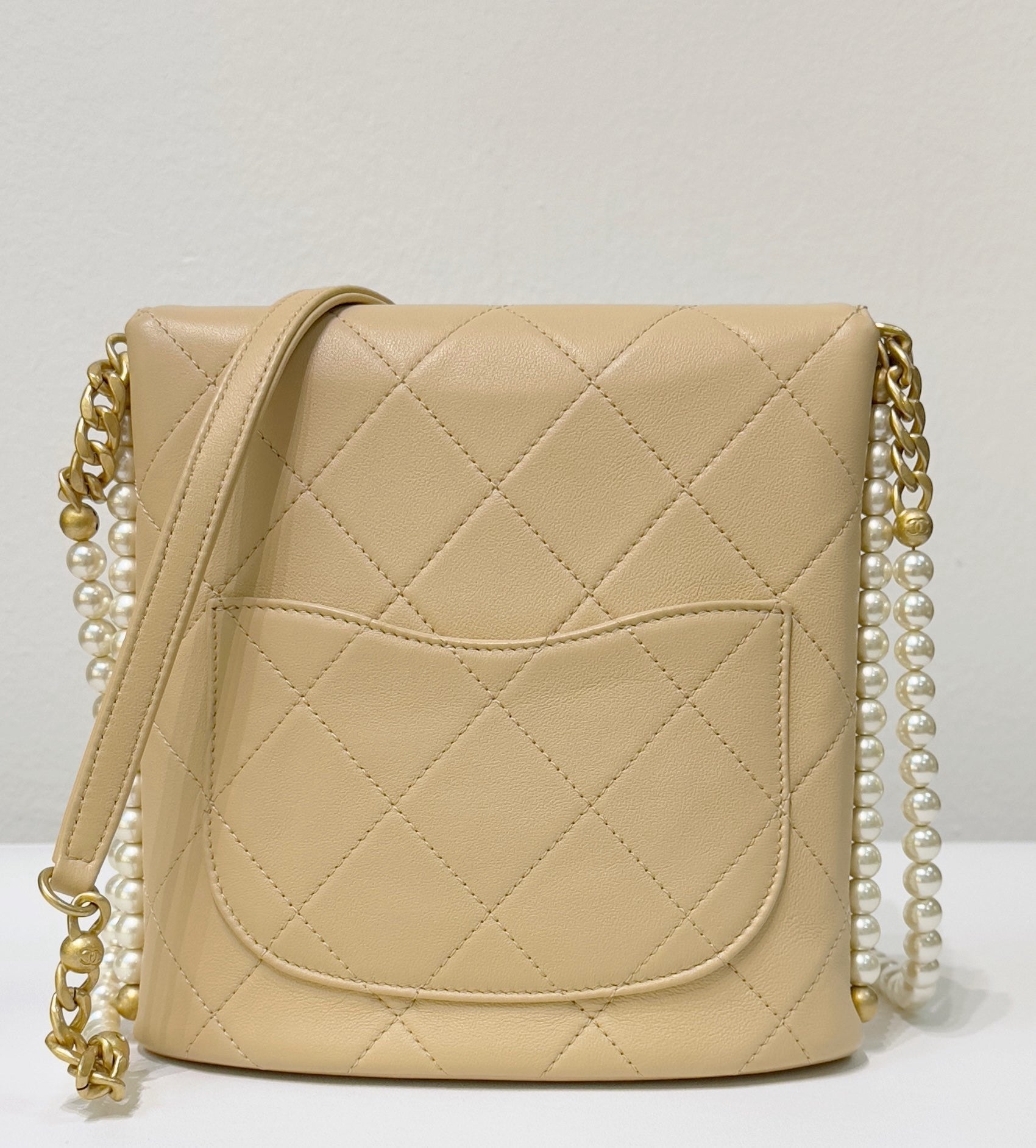 CHNL Small About Calfskin Quilted Pearls Flap Hobo GHW