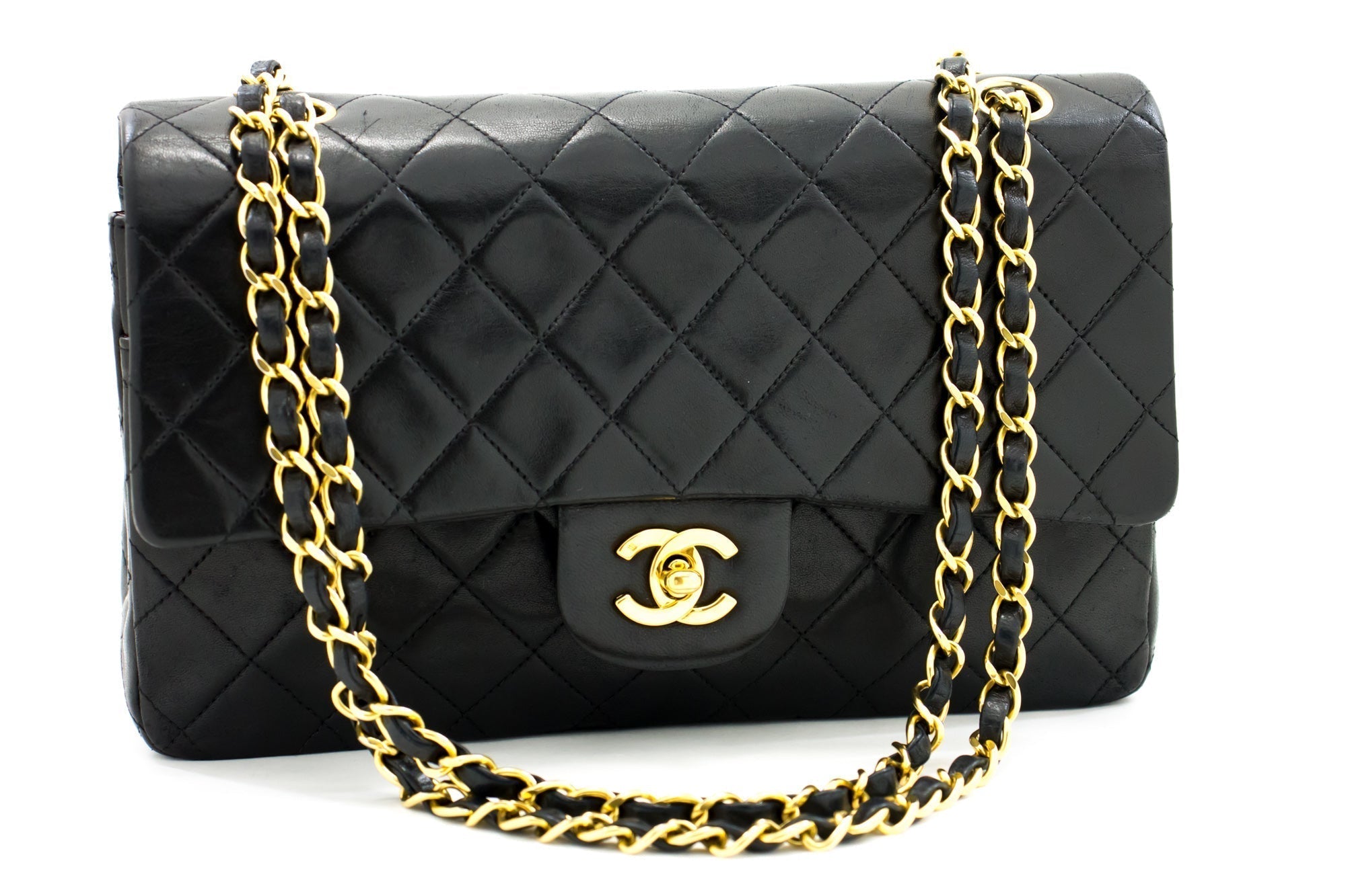 CHNL 2.55 Double Flap Medium Chain Shoulder Bag Black Lambskin h12