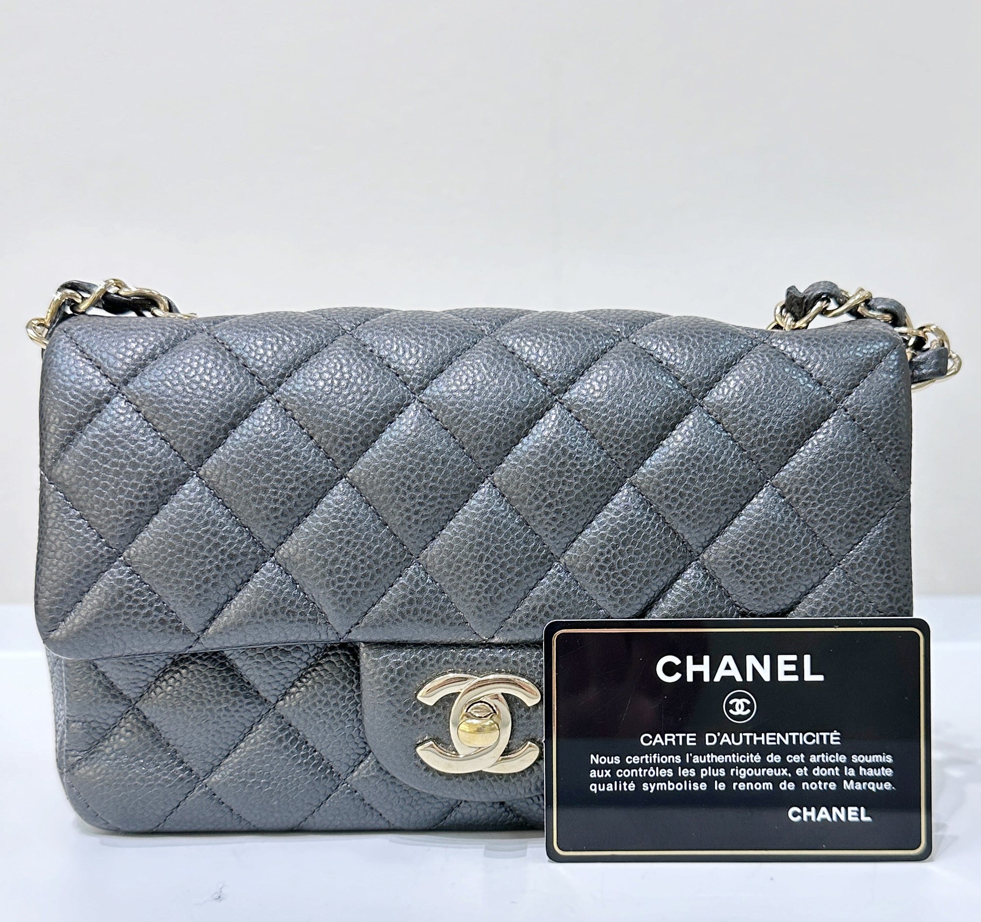 CHNL Classic Mini Rectangular 18S Dark Gray/Grey Quilted Caviar light gold hardware