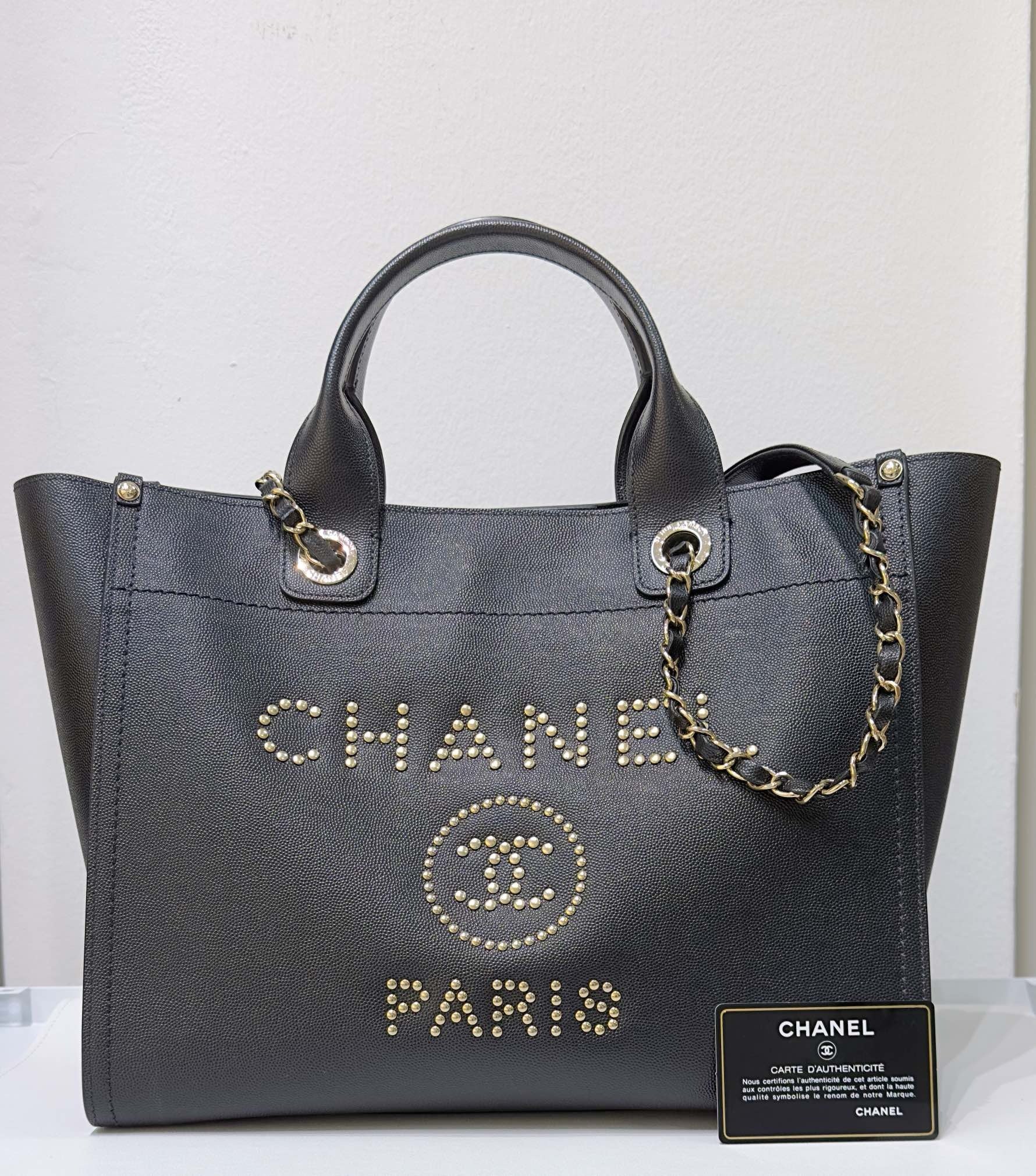 CHNL Small Deauville Caviar Tote Studded Black