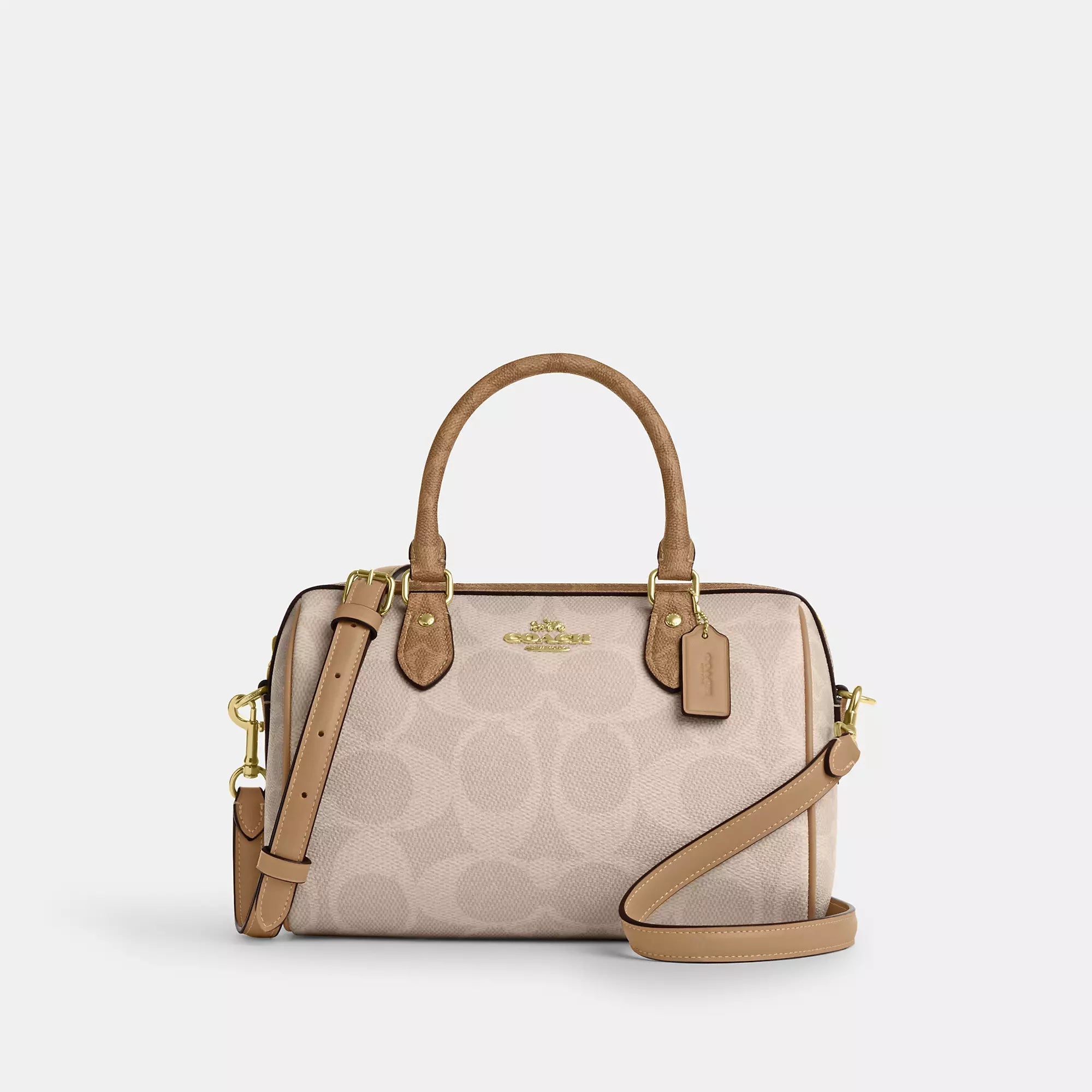 Rowan Satchel Bag In Blocked Signature Canvas (Gold/Sand/Tan)