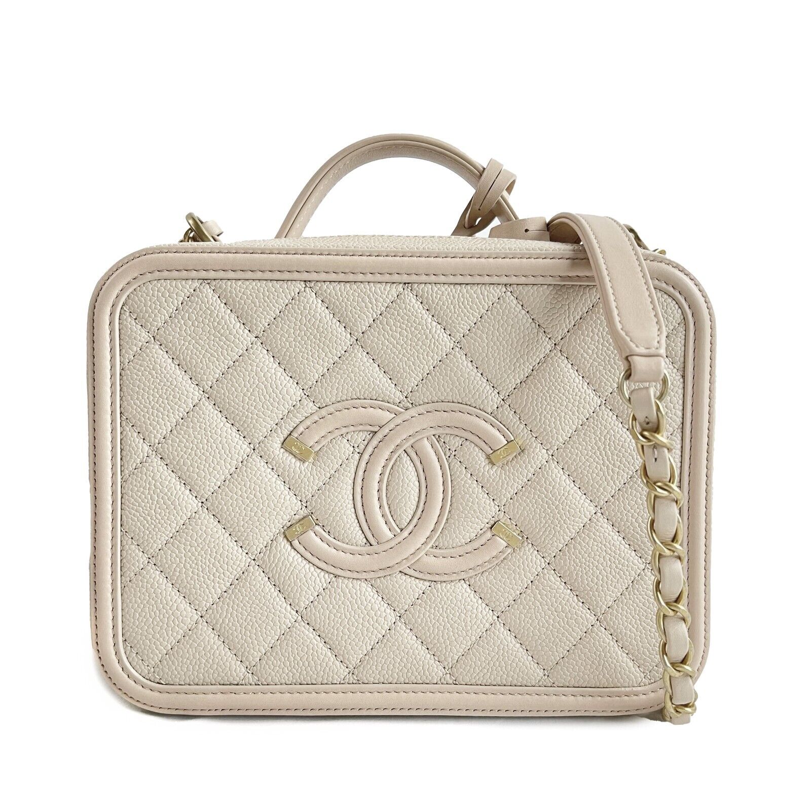 CHNL Excellent CC Filigree Vanity Case Medium Pink Beige Crossbody Handbag