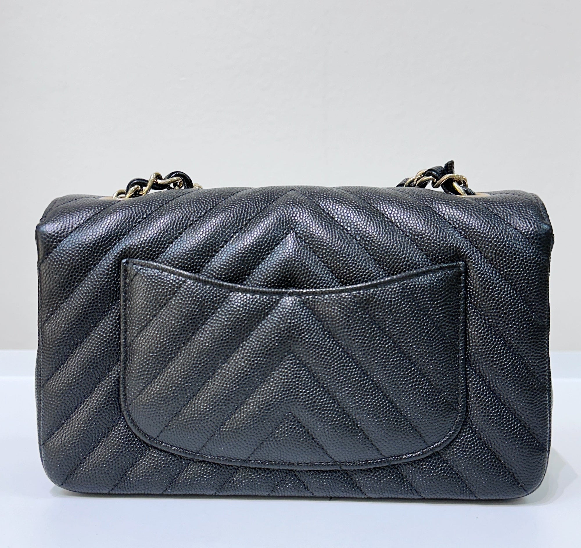 CHNL Mini Flap Bag Chevron Caviar Black GHW
