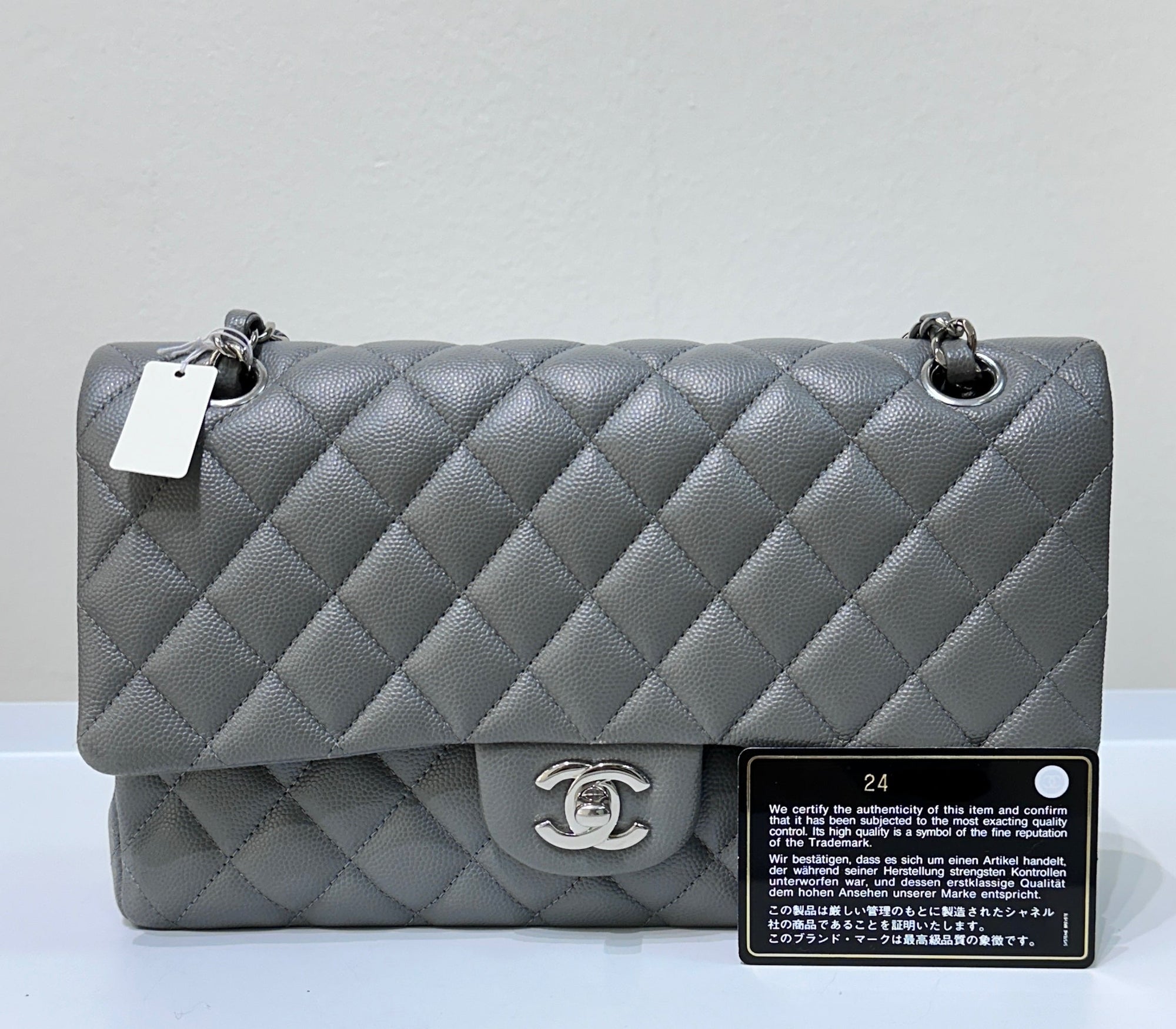 CHNL Caviar Quilted Medium Double Flap Grey