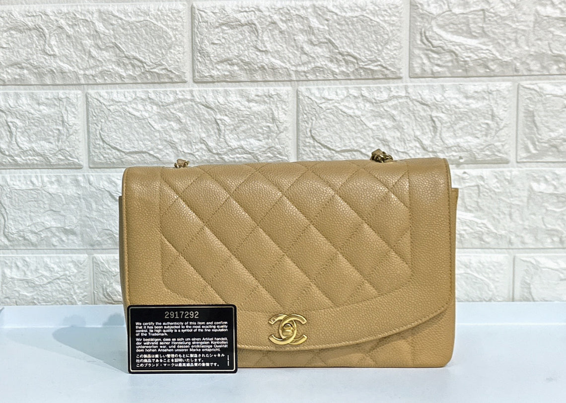 CHNL Medium Vintage Diana Flap Bag Beige Caviar Gold Hardware