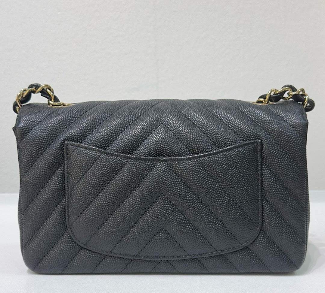 CHNL Mini Chevron Caviar Flap Bag Black GHW