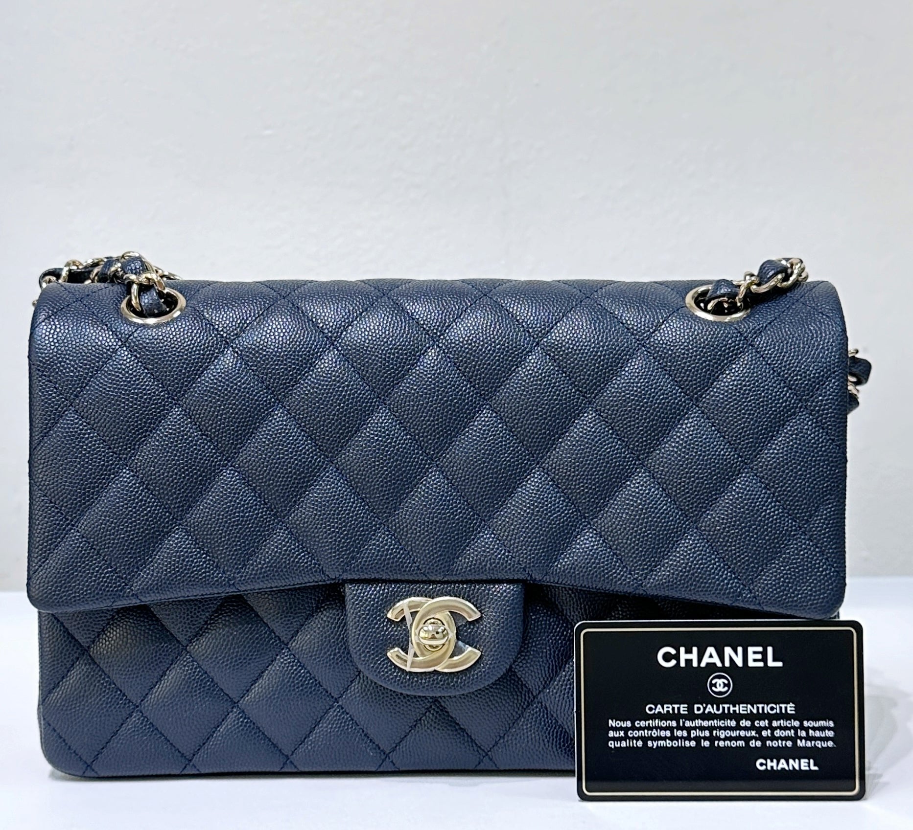 CHNL Caviar Quilted Medium Double Flap 18B Navy