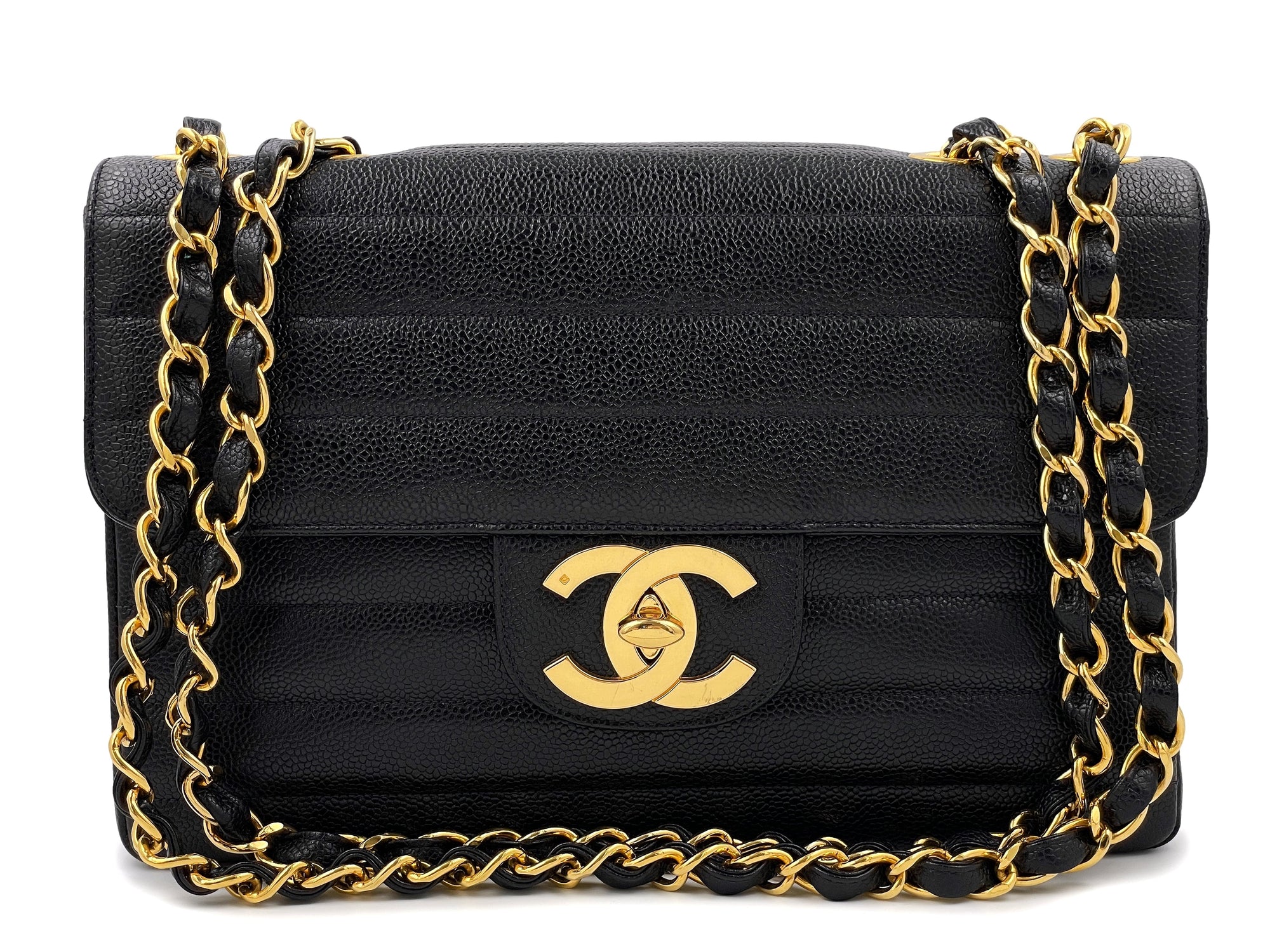CHNL 1995 Vintage Black Caviar Horizontal Classic Jumbo Flap Bag 24k GHW