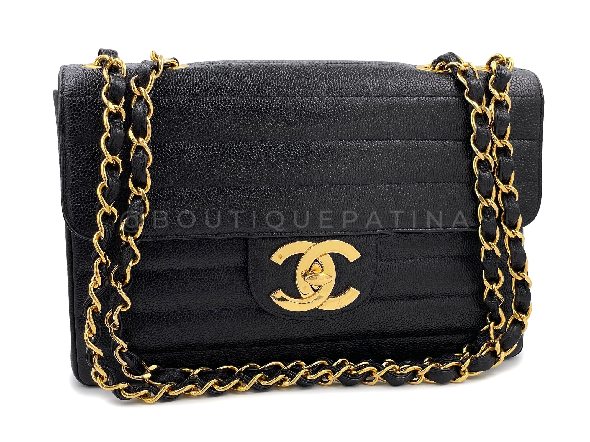CHNL 1995 Vintage Black Caviar Horizontal Classic Jumbo Flap Bag 24k GHW