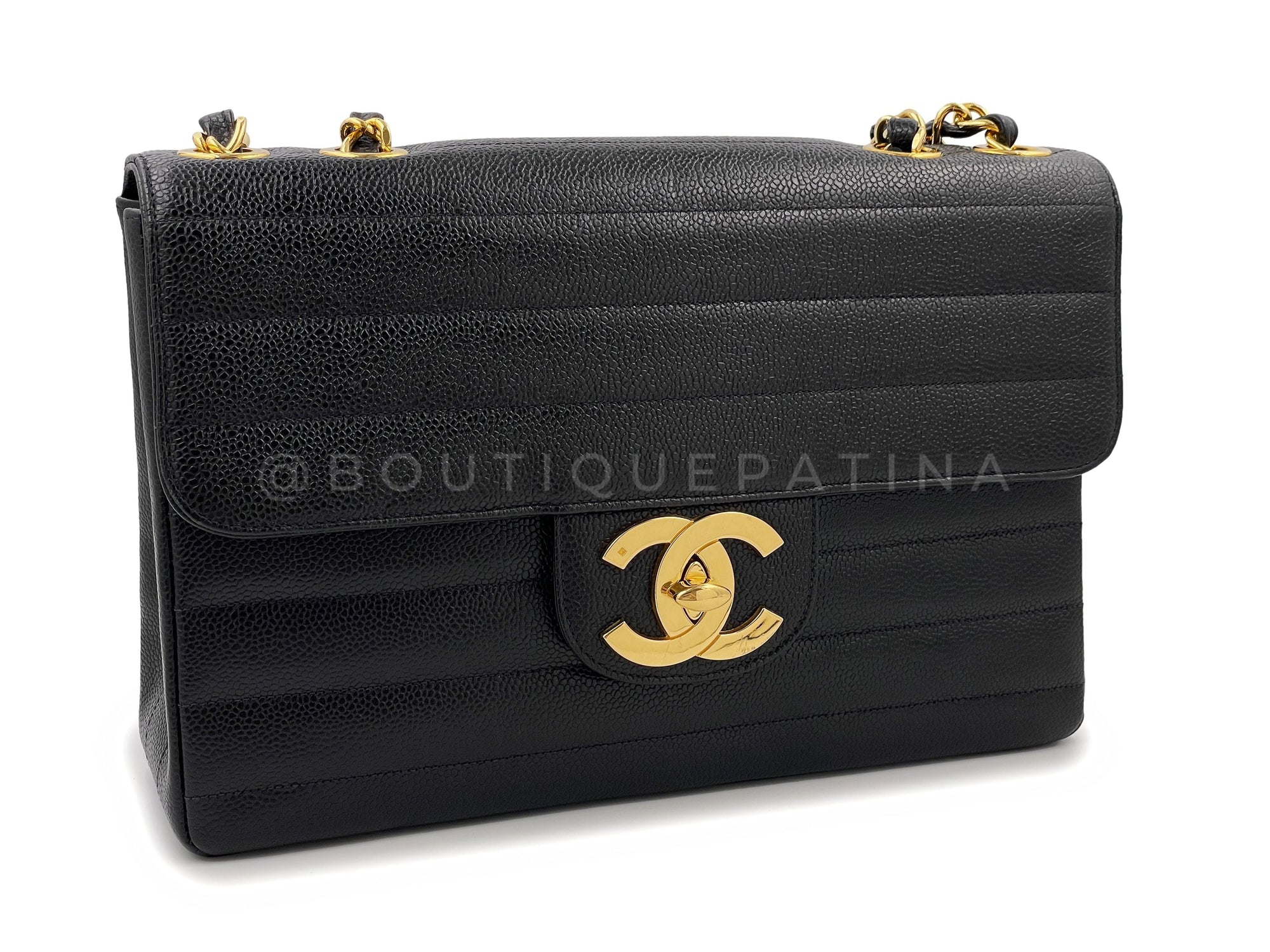 CHNL 1995 Vintage Black Caviar Horizontal Classic Jumbo Flap Bag 24k GHW