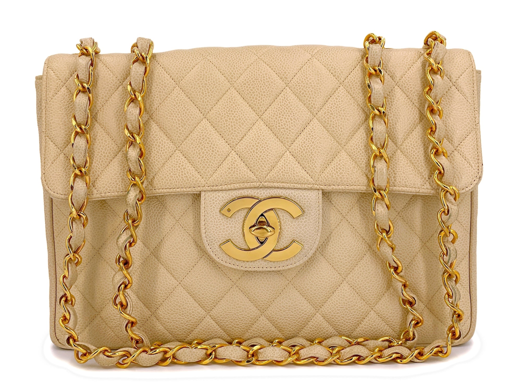 CHNL 1994 Vintage Light Beige Caviar Jumbo Classic Flap Bag 24k GHW