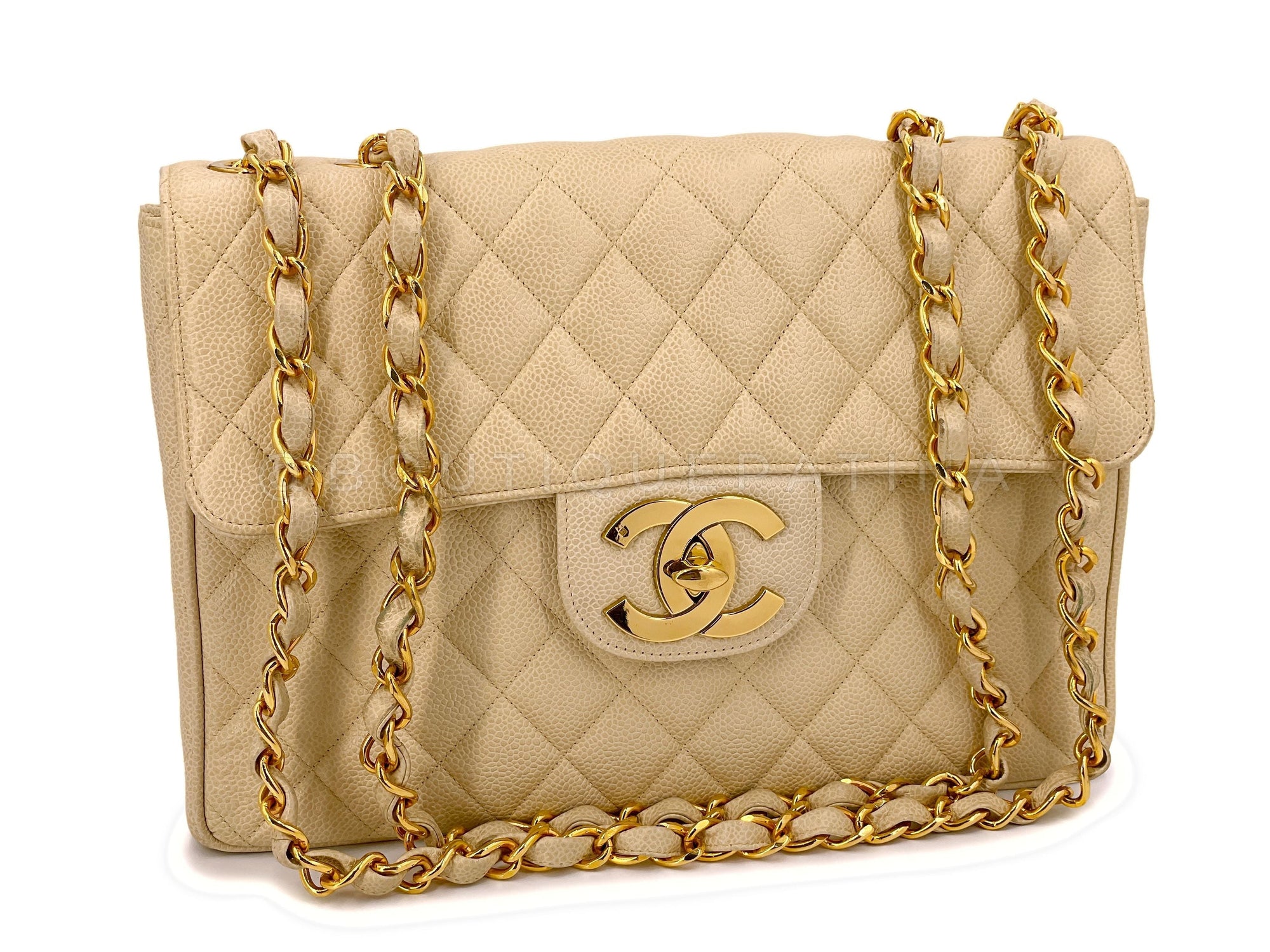 CHNL 1994 Vintage Light Beige Caviar Jumbo Classic Flap Bag 24k GHW