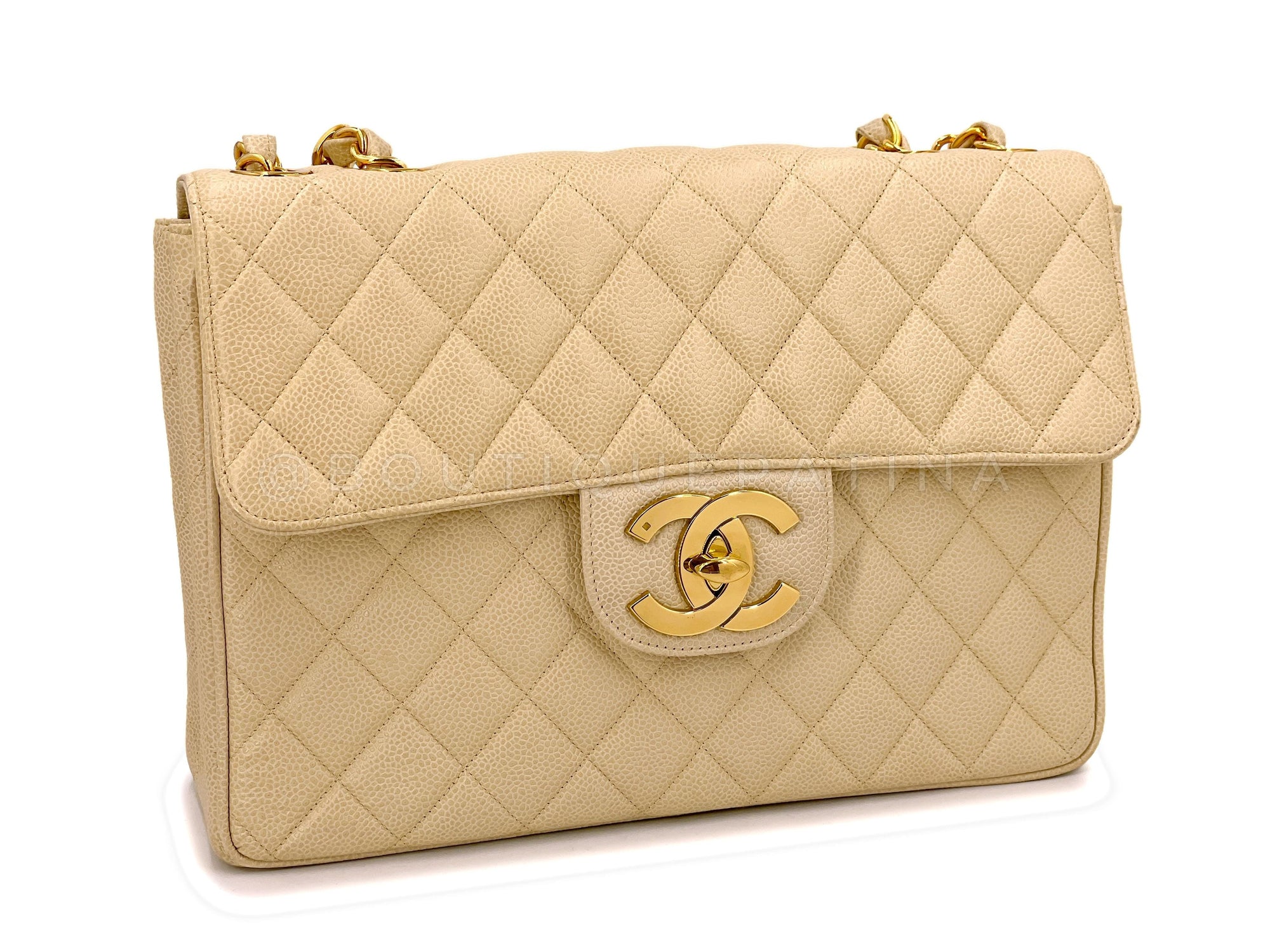 CHNL 1994 Vintage Light Beige Caviar Jumbo Classic Flap Bag 24k GHW