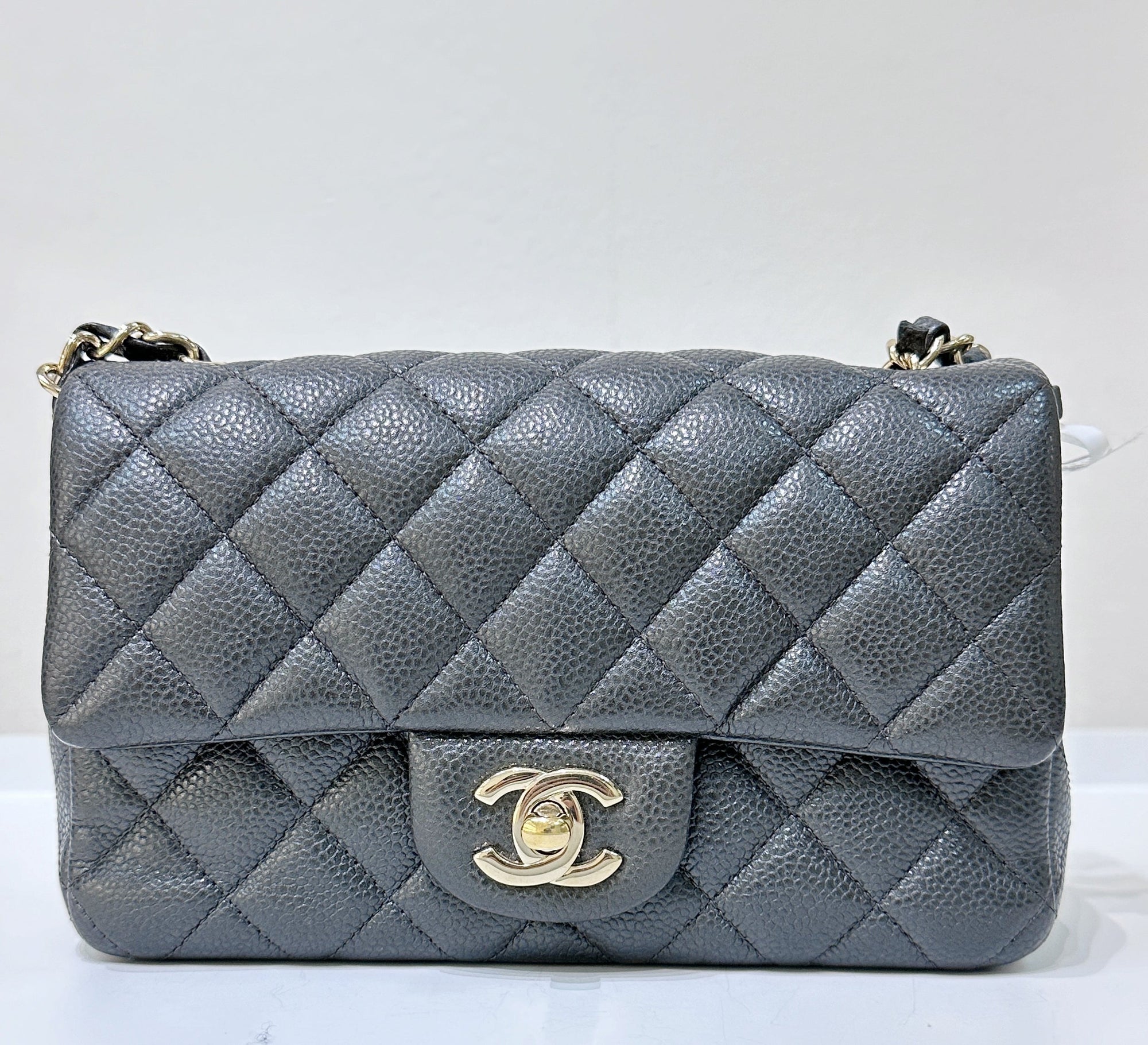 CHNL Classic Mini Rectangular 18S Dark Gray/Grey Quilted Caviar light gold hardware