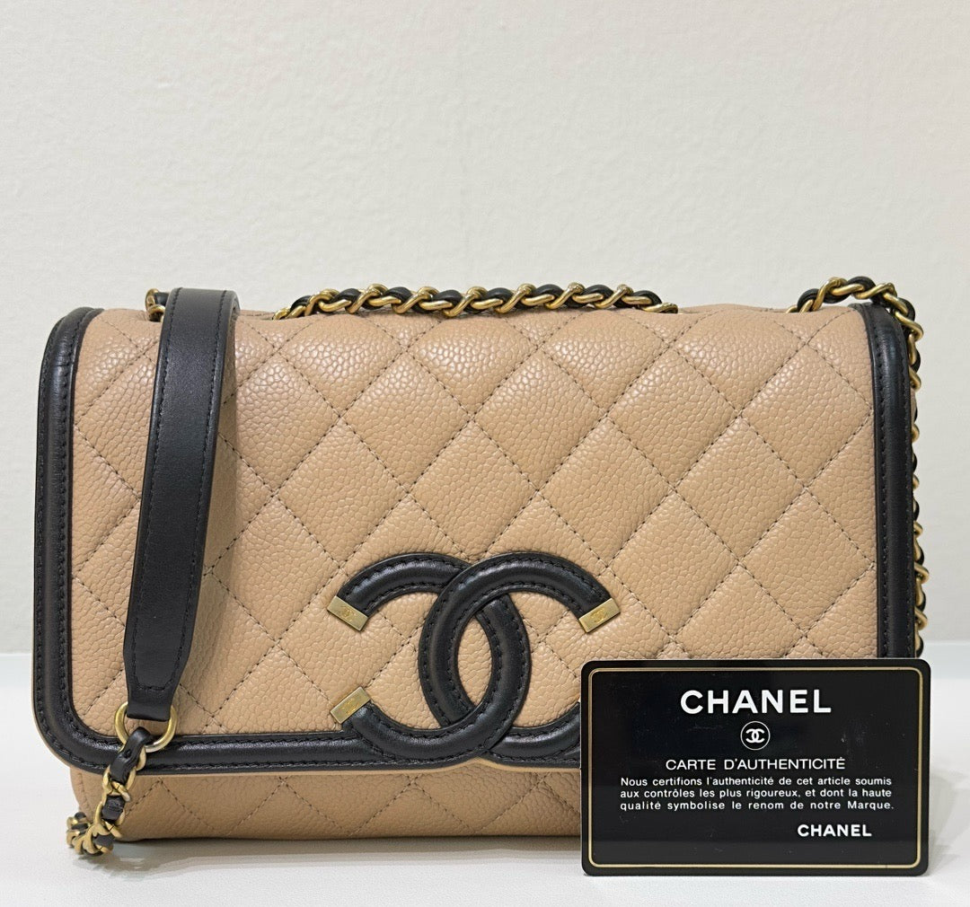 CHNL Small Caviar Quilted CC Filigree Flap Beige Black GHW