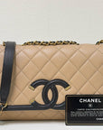 CHNL Small Caviar Quilted CC Filigree Flap Beige Black GHW