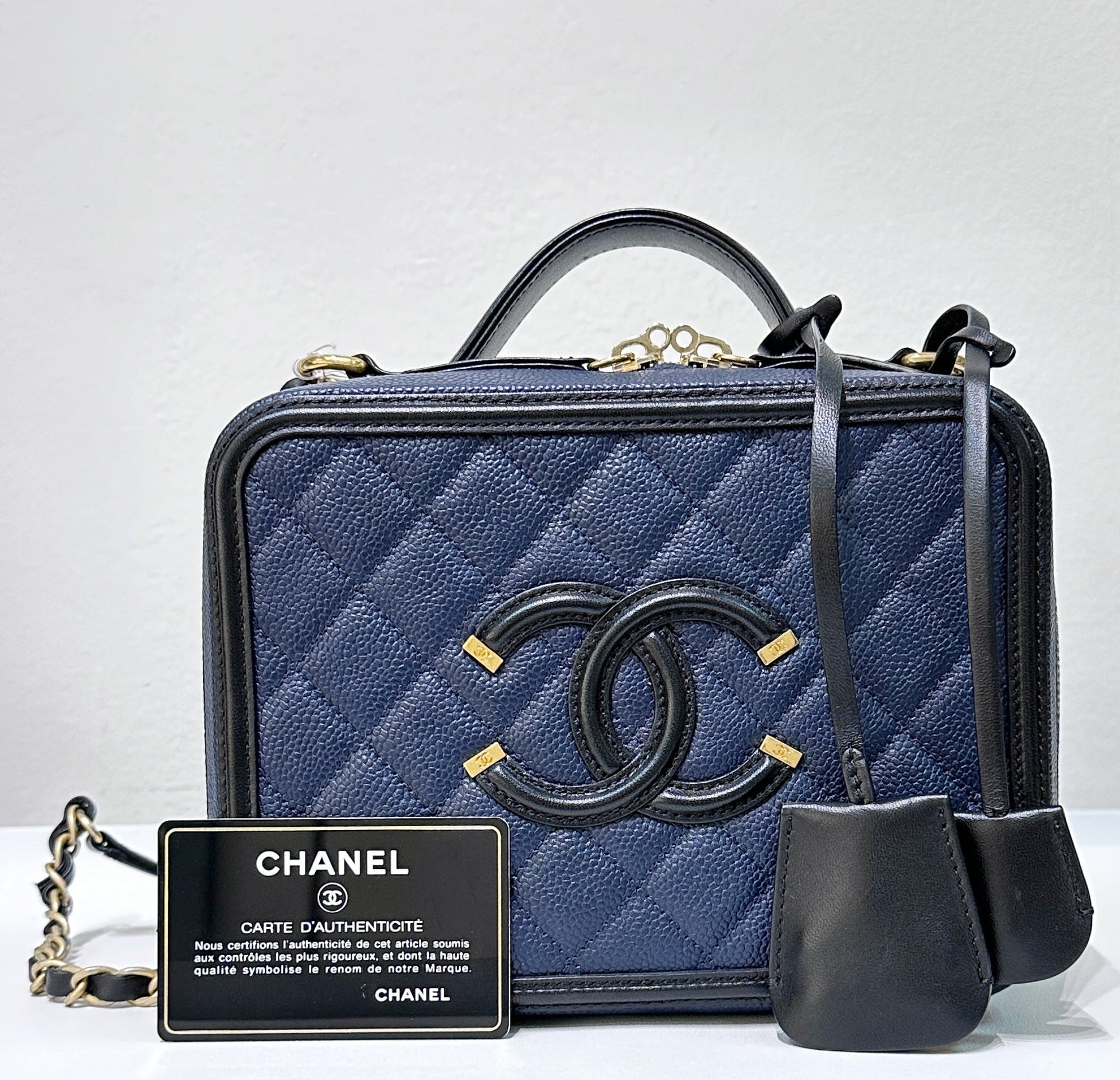 CHNL Filigree Vanity Case Quilted Caviar Medium Blue