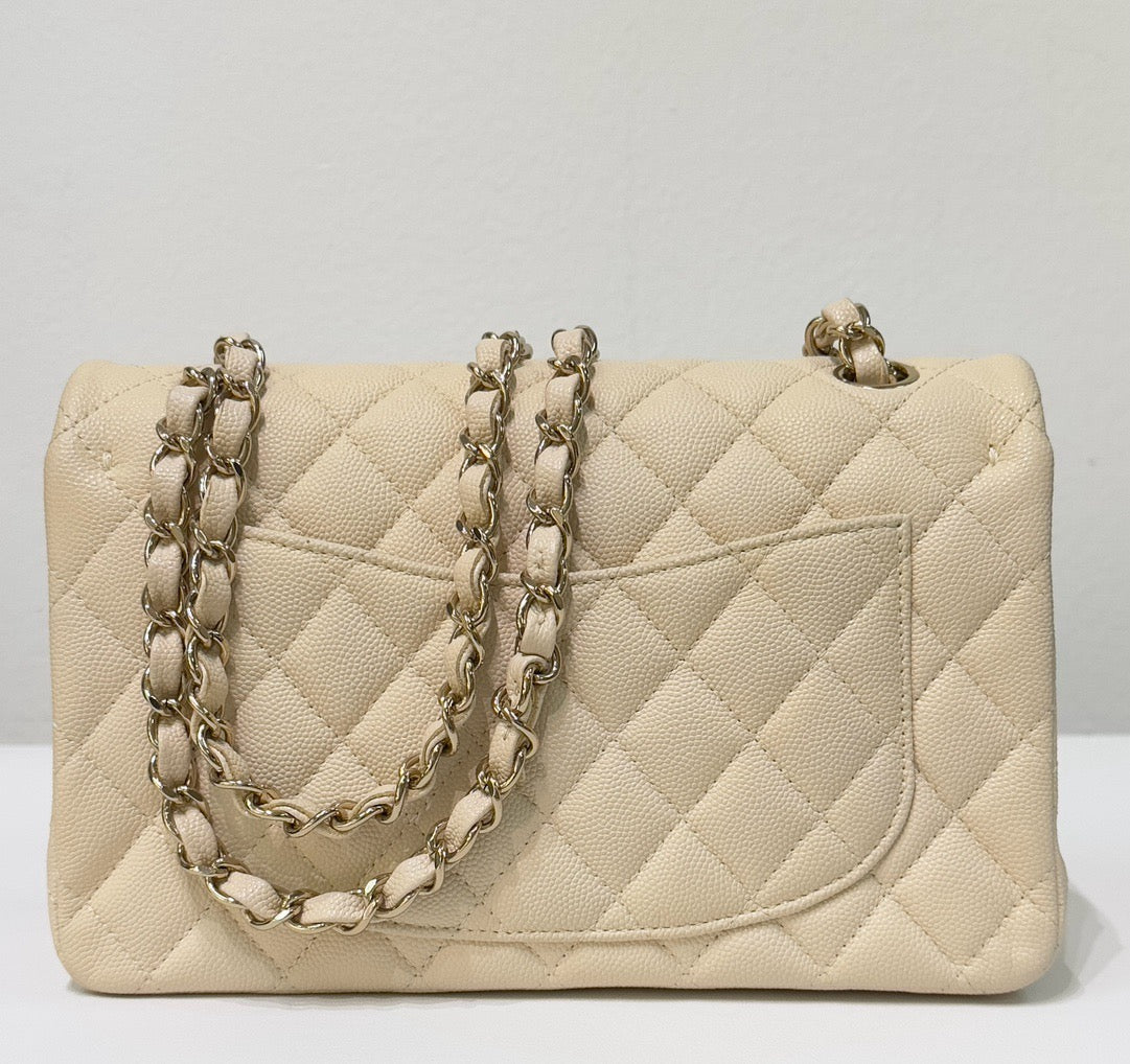 CHNL Small Classic Quilted Double Flap Ivory Light Beige 20C LGHW
