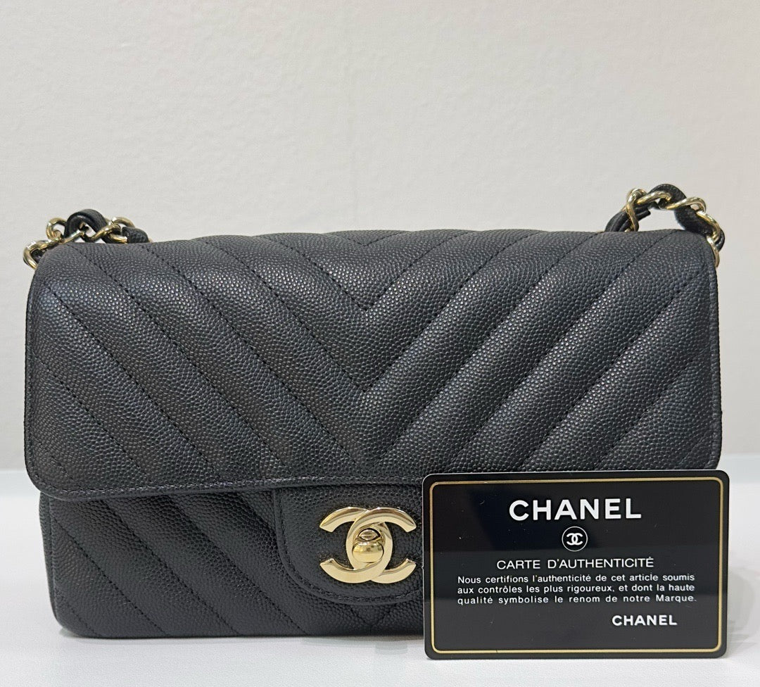 CHNL Mini Chevron Caviar Flap Bag Black GHW