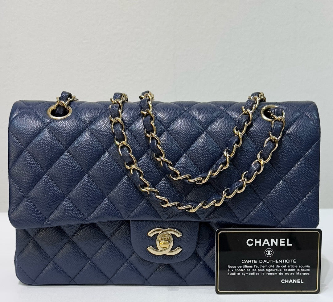 CHNL Medium Classic Caviar Double Flap Navy Blue Bag LSHW