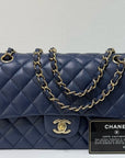 CHNL Medium Classic Caviar Double Flap Navy Blue Bag LSHW