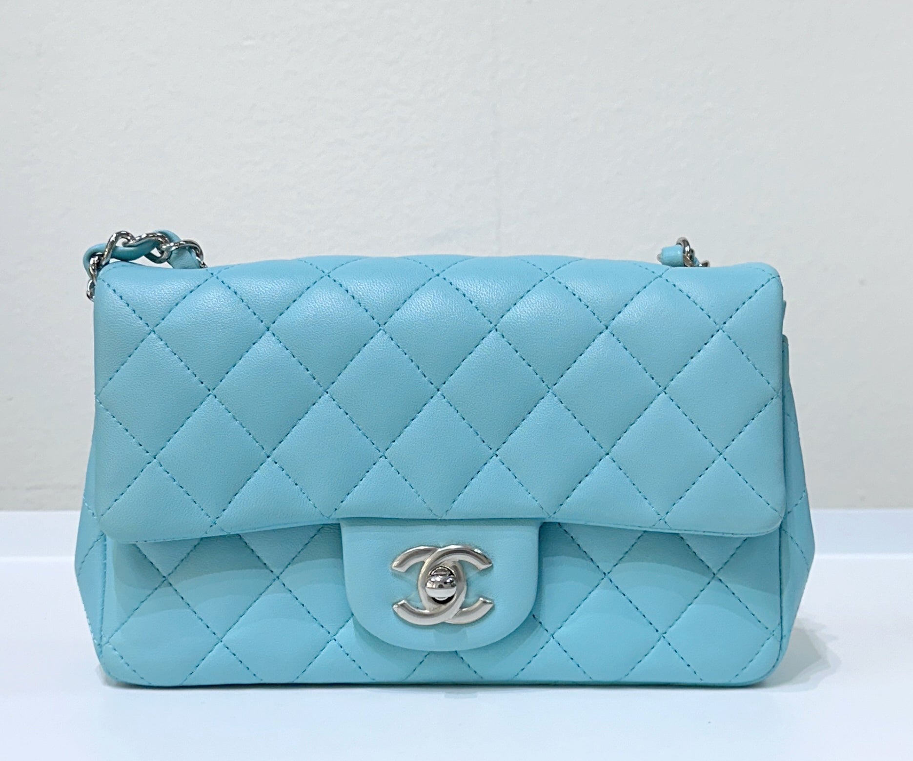 CHNL 19C Tiffany Lambskin Quilted Mini Rectangular Flap Neon Blue