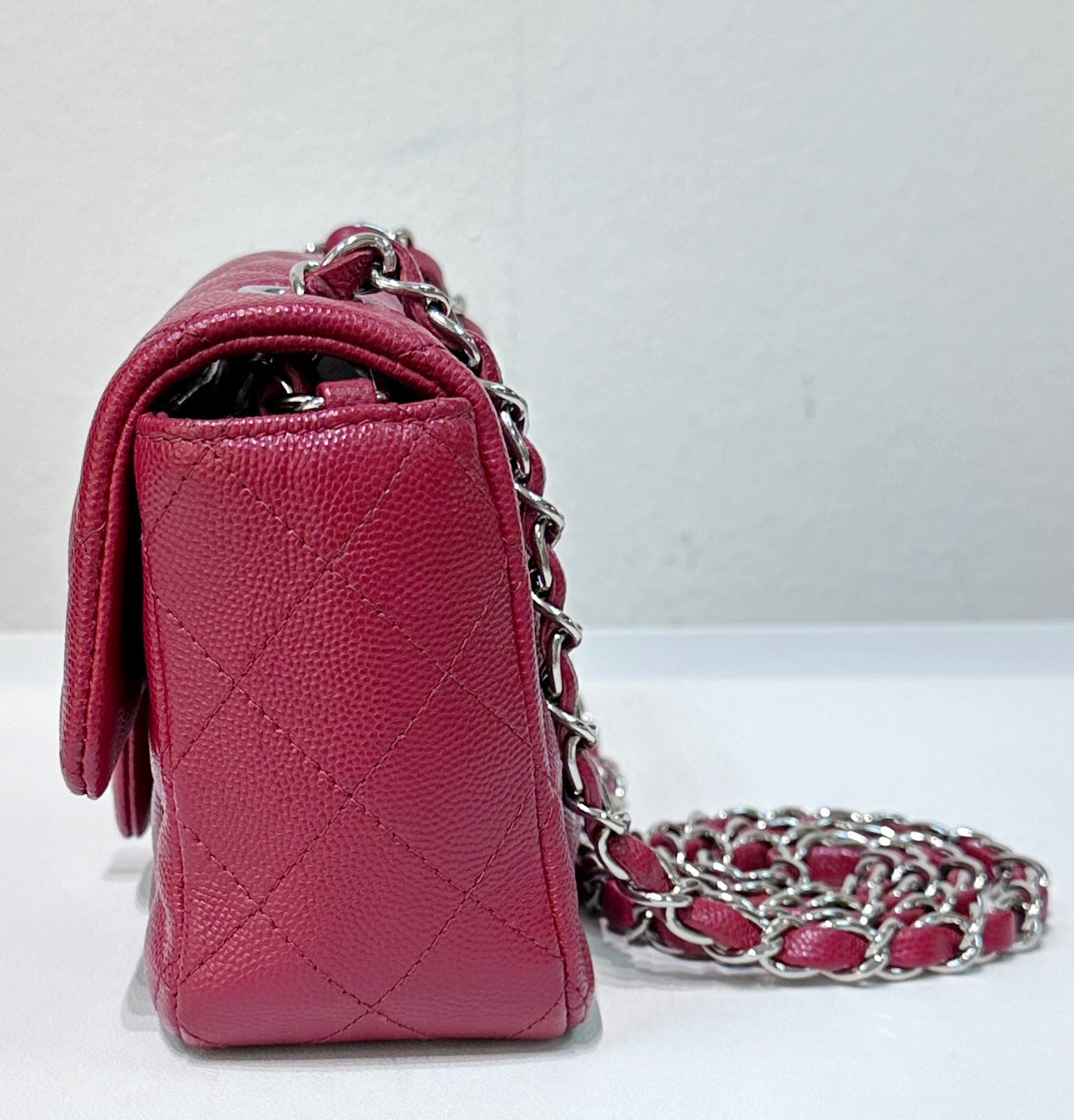 CHNL Mini Rectangular Caviar Quilted Flap Red 17B SHW
