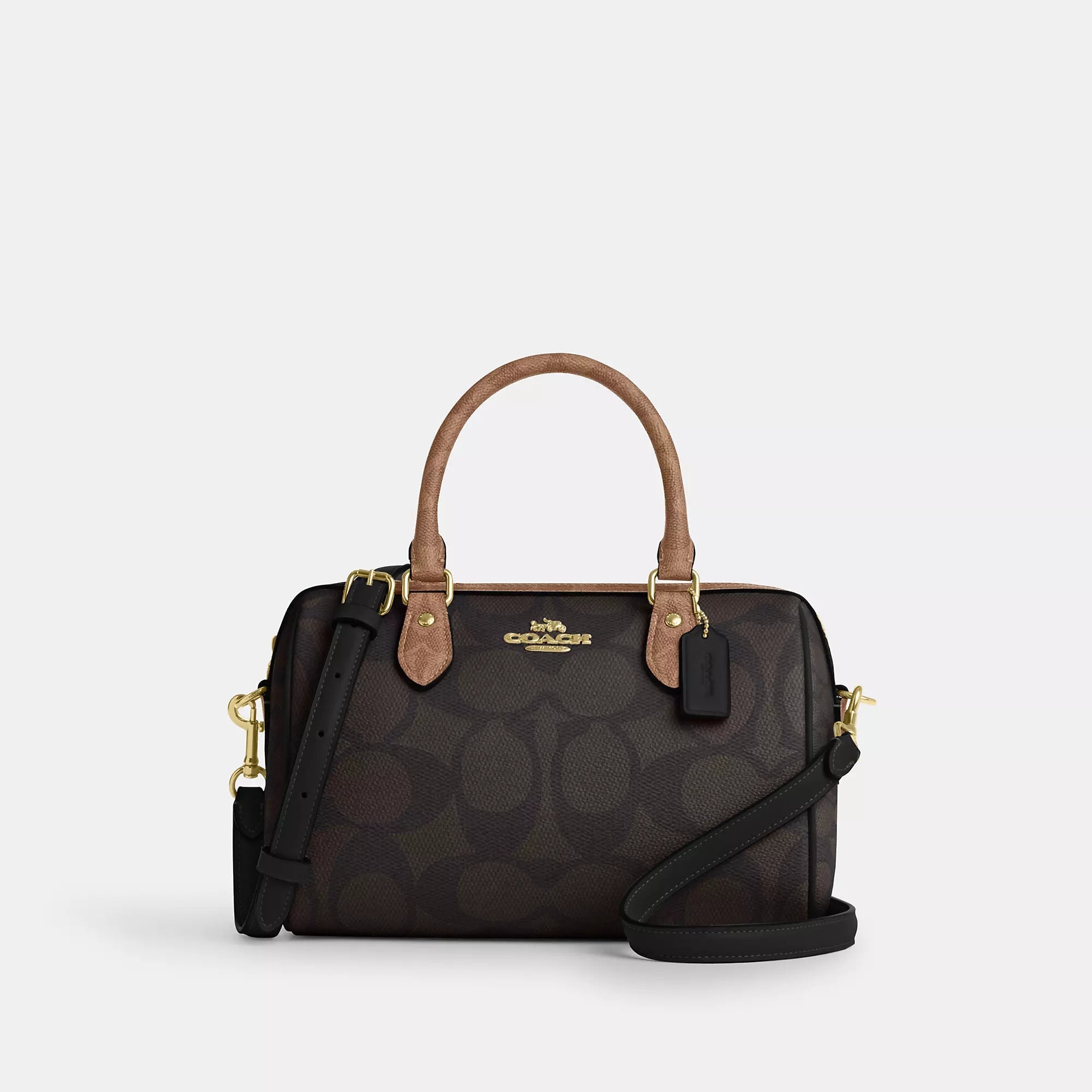 Rowan Satchel Bag In Blocked Signature Canvas (Gold/Sand/Tan)
