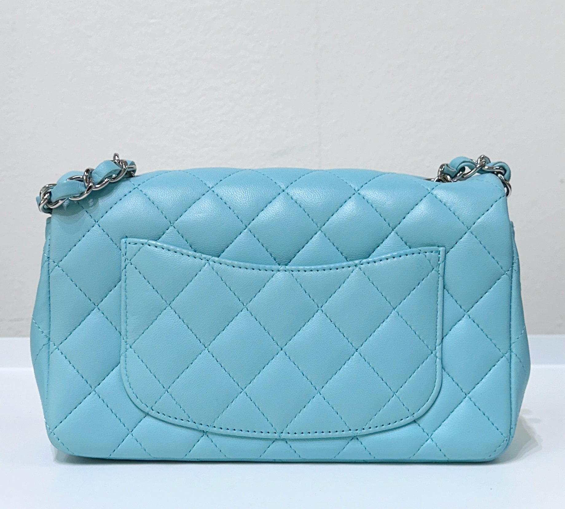 CHNL 19C Tiffany Lambskin Quilted Mini Rectangular Flap Neon Blue