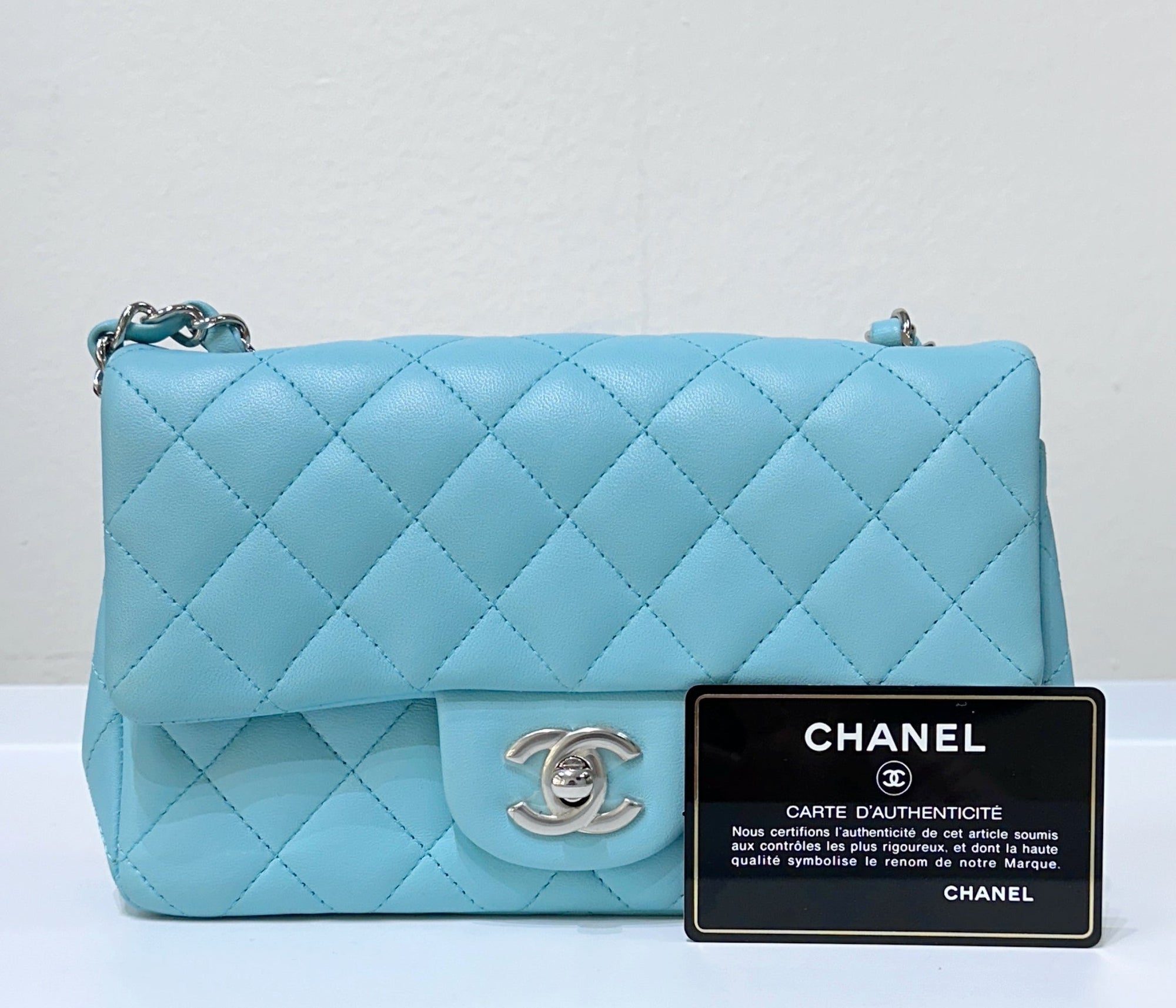 CHNL 19C Tiffany Lambskin Quilted Mini Rectangular Flap Neon Blue