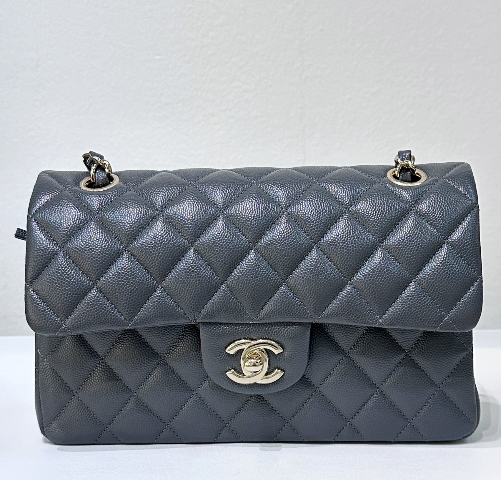 CHNL Caviar Quilted Small Double Flap Dark Grey