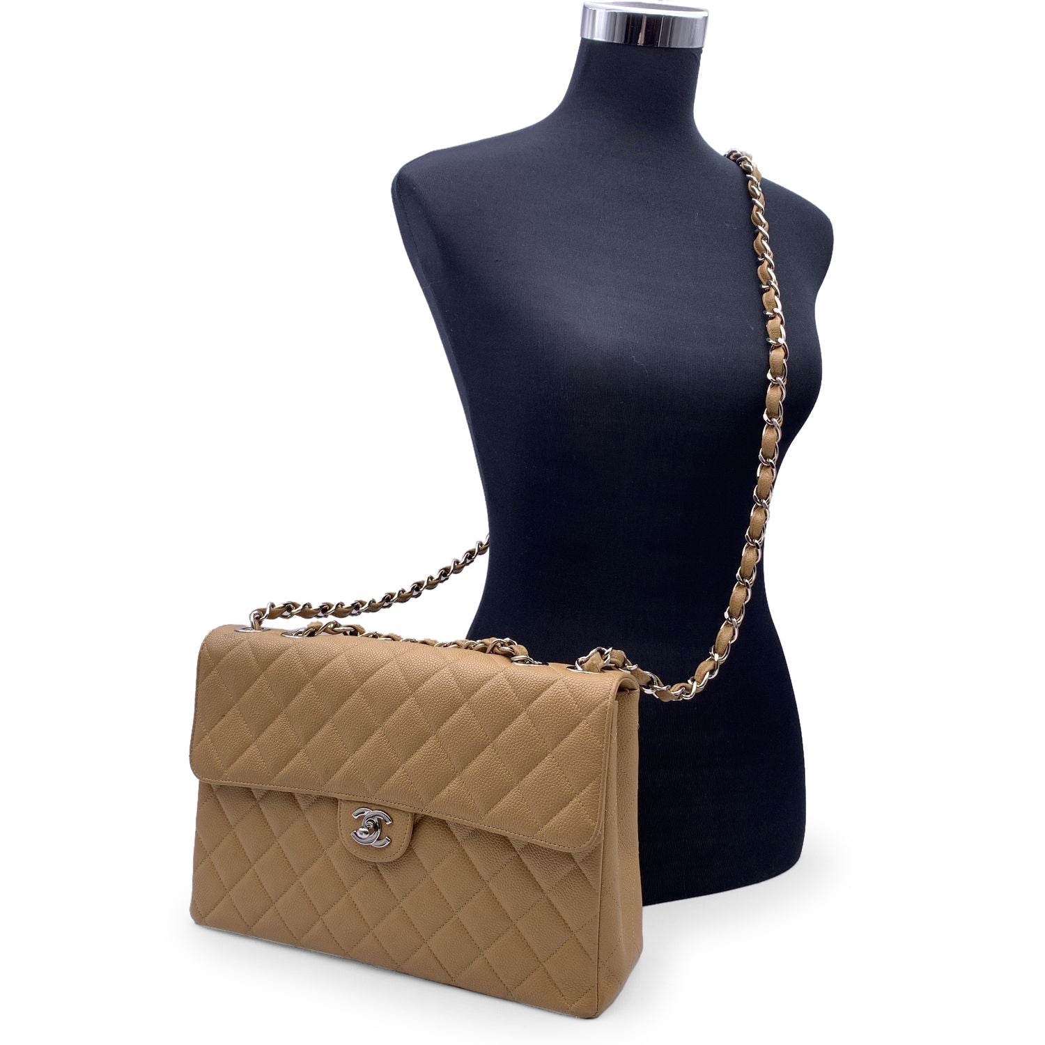 CHNL Vintage Beige Quilted Caviar Jumbo Timeless Classic Flap Bag