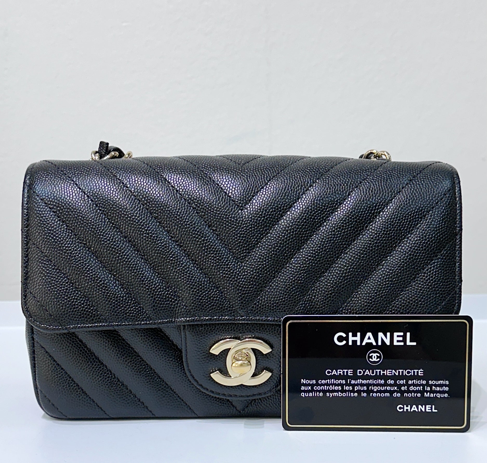 CHNL Mini Flap Bag Chevron Caviar Black GHW