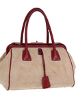 PRD Hand Bag Canvas Leather Cream Red Auth