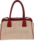 PRD Hand Bag Canvas Leather Cream Red Auth