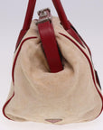PRD Hand Bag Canvas Leather Cream Red Auth