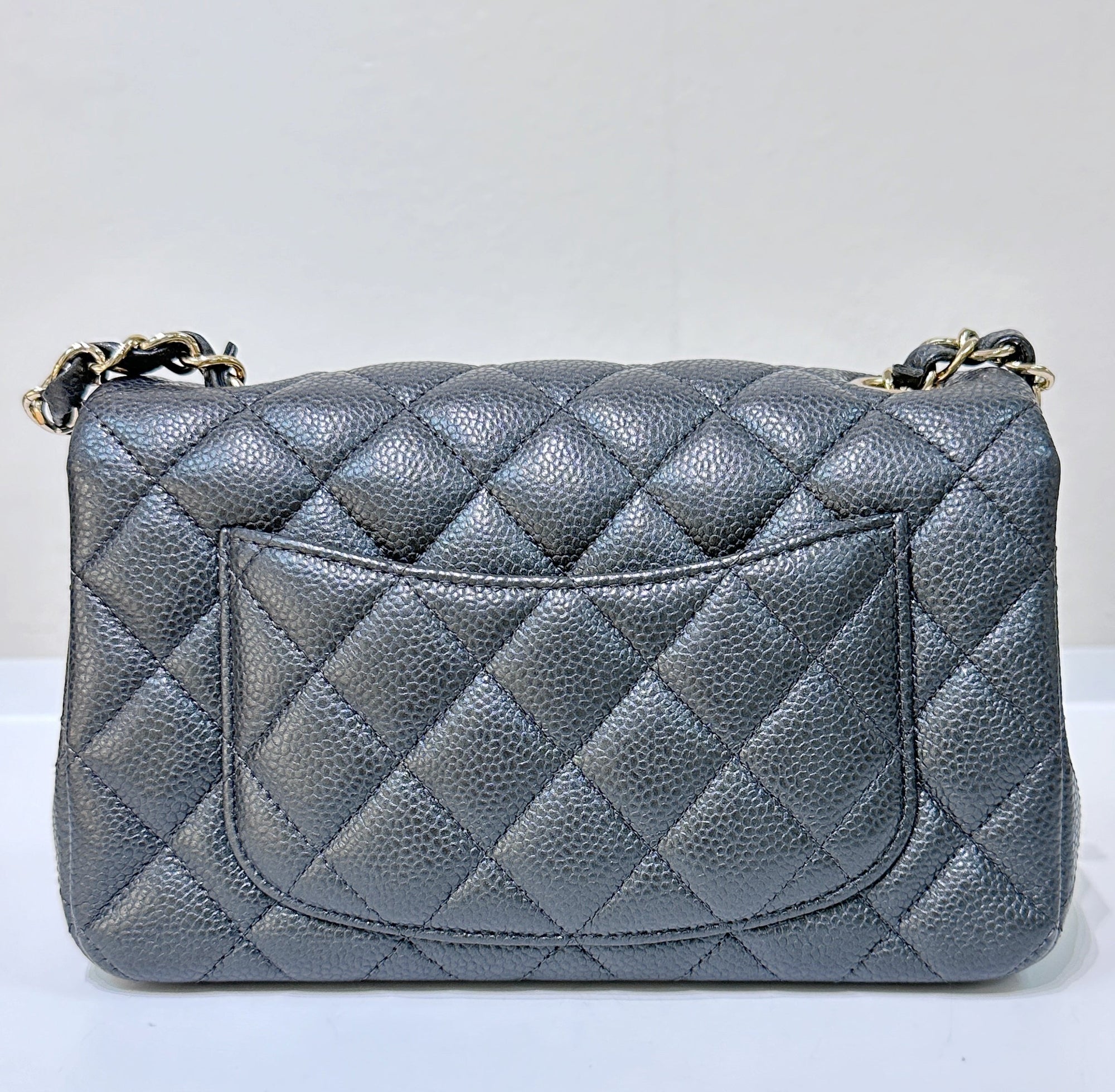 CHNL Classic Mini Rectangular 18S Dark Gray/Grey Quilted Caviar light gold hardware