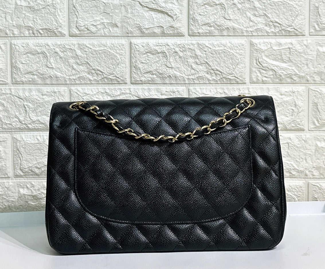 CHNL Jumbo Classic Double Flap Bag Black Caviar Gold Hardware