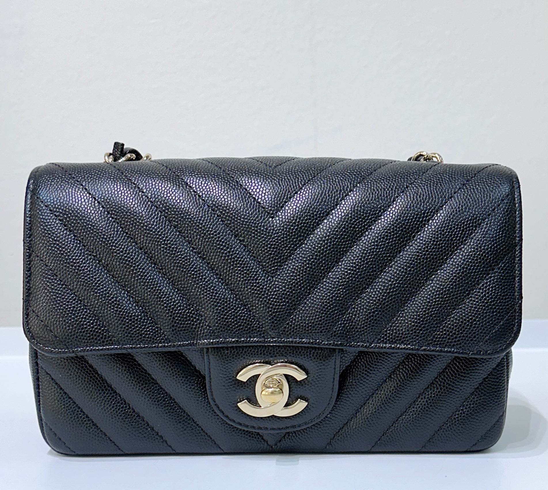 CHNL Mini Flap Bag Chevron Caviar Black GHW