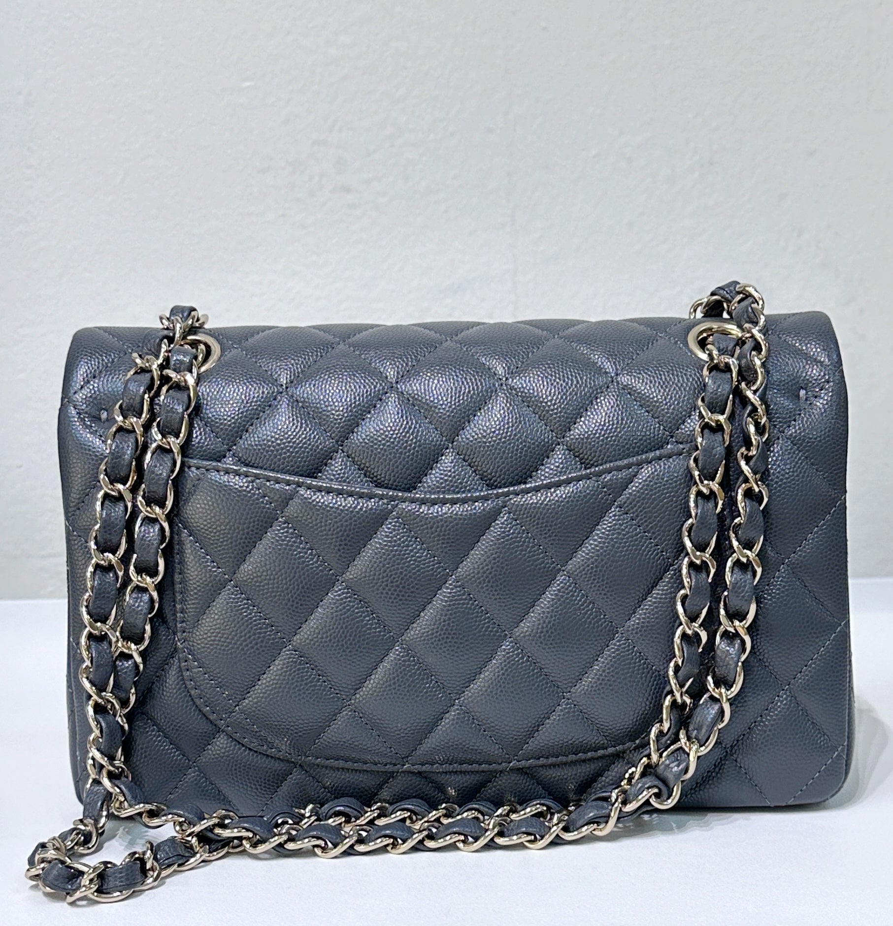 CHNL Caviar Quilted Small Double Flap Dark Grey