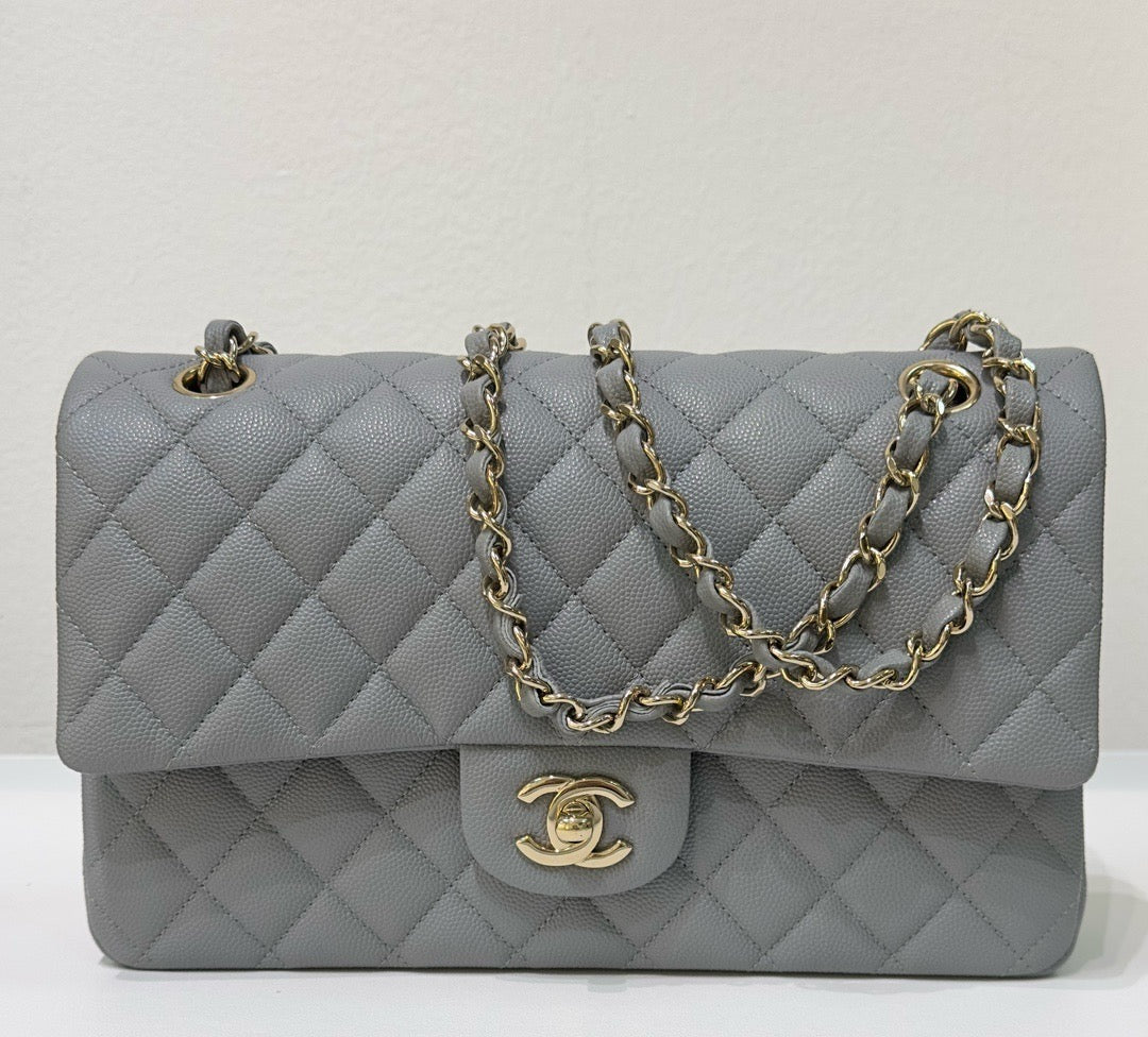 CHNL Medium Caviar Quilted Double Flap Bag Grey LGHW