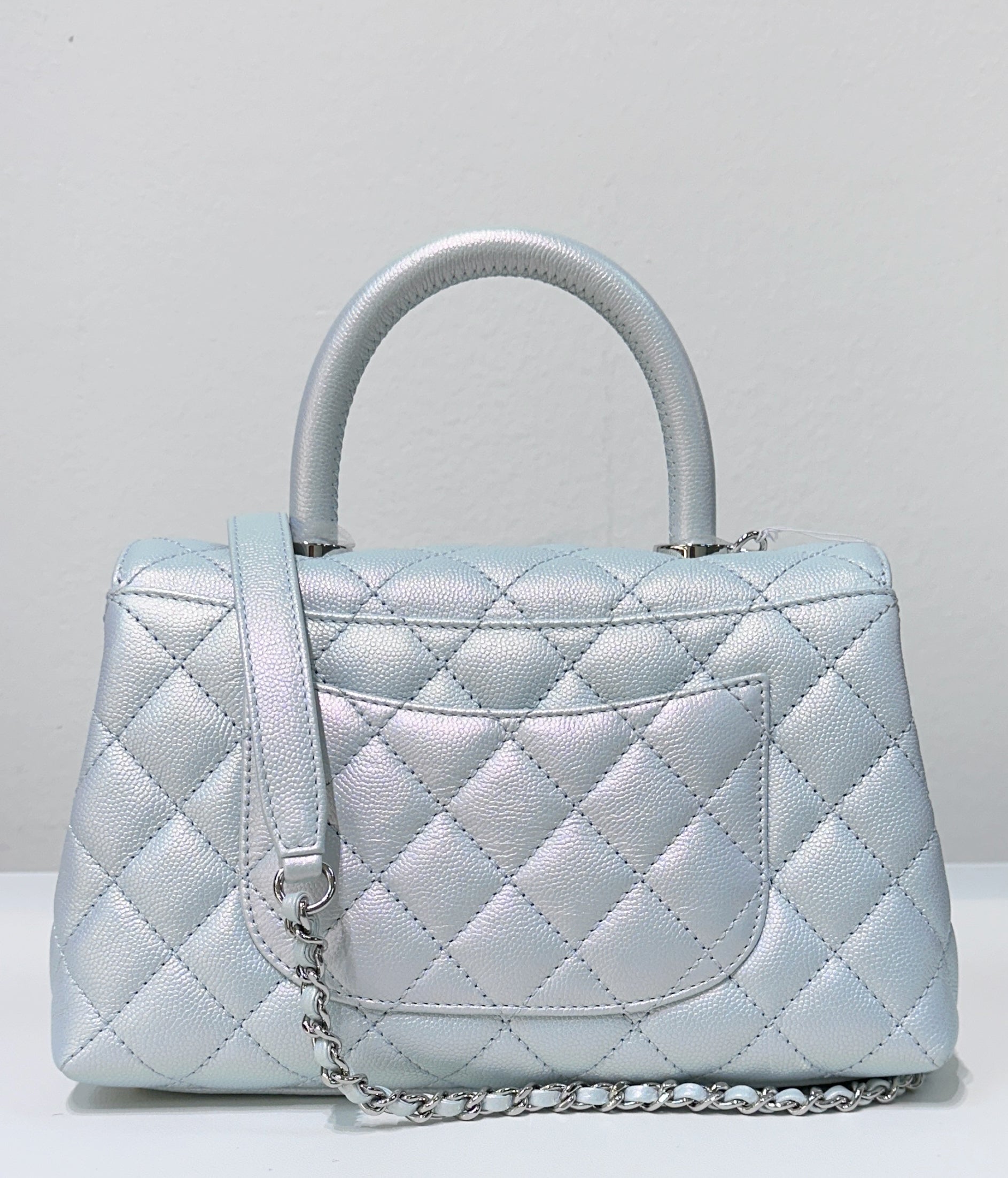 CHNL Iridescent Caviar Quilted Mini Coco Handle Flap Light Blue