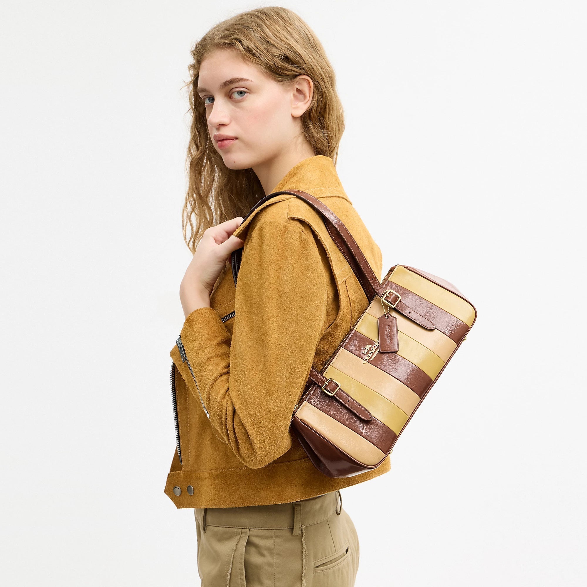 Asher Shoulder Bag With Striped Patchwork (Gold/Redwood Multi)