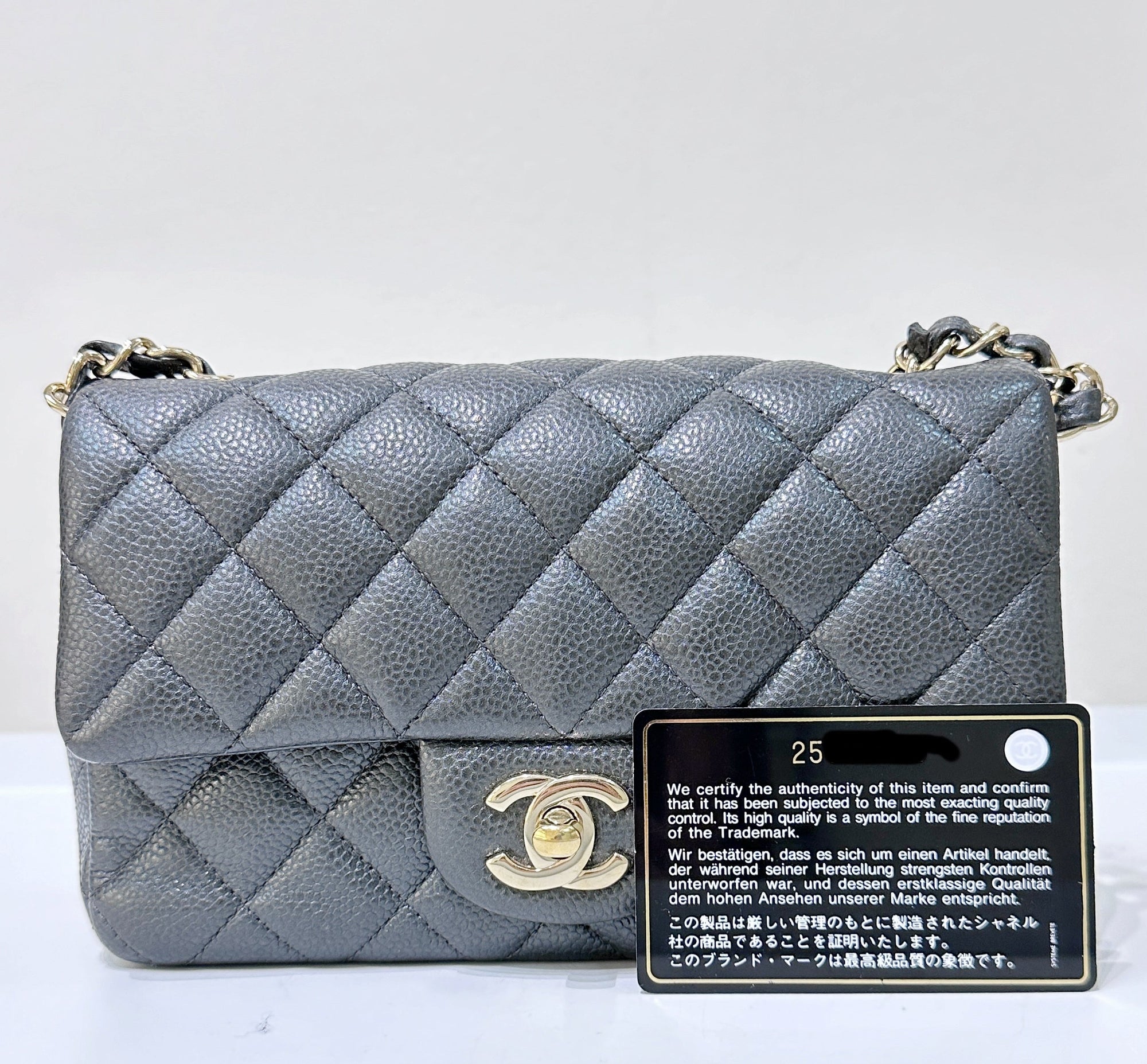 CHNL Classic Mini Rectangular 18S Dark Gray/Grey Quilted Caviar light gold hardware