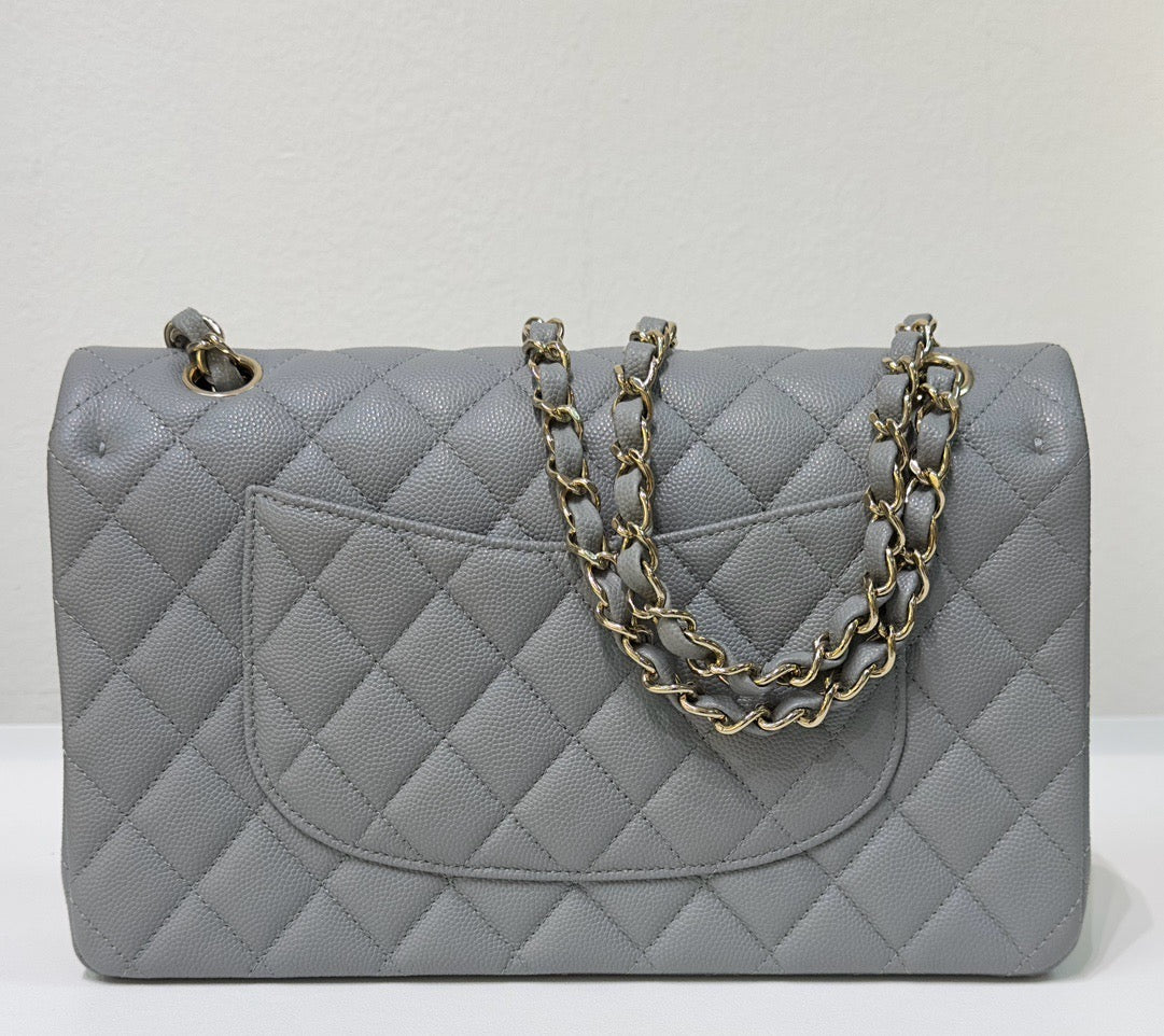 CHNL Medium Caviar Quilted Double Flap Bag Grey LGHW