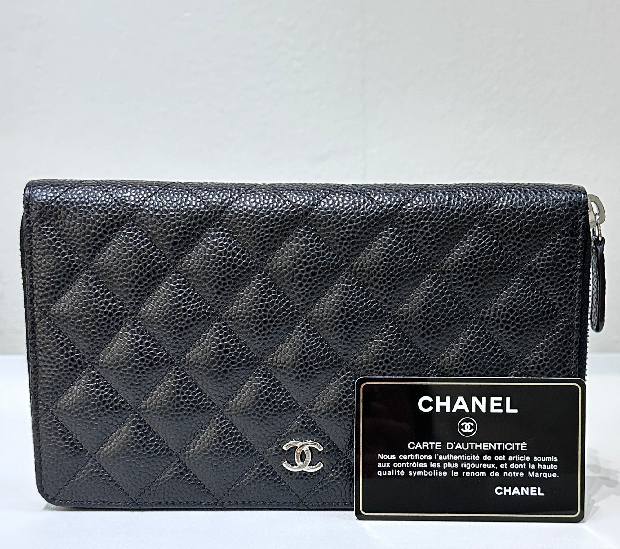 CHNL Large Iridescent Caviar Quilted Zip Around Organizer Wallet Black