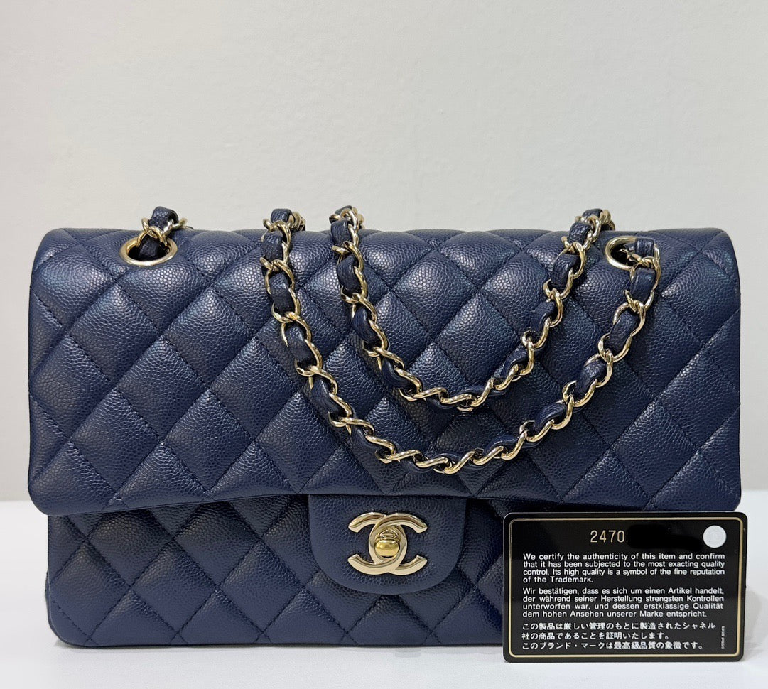 CHNL Medium Classic Caviar Double Flap Navy Blue Bag LSHW