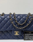 CHNL Medium Classic Caviar Double Flap Navy Blue Bag LSHW