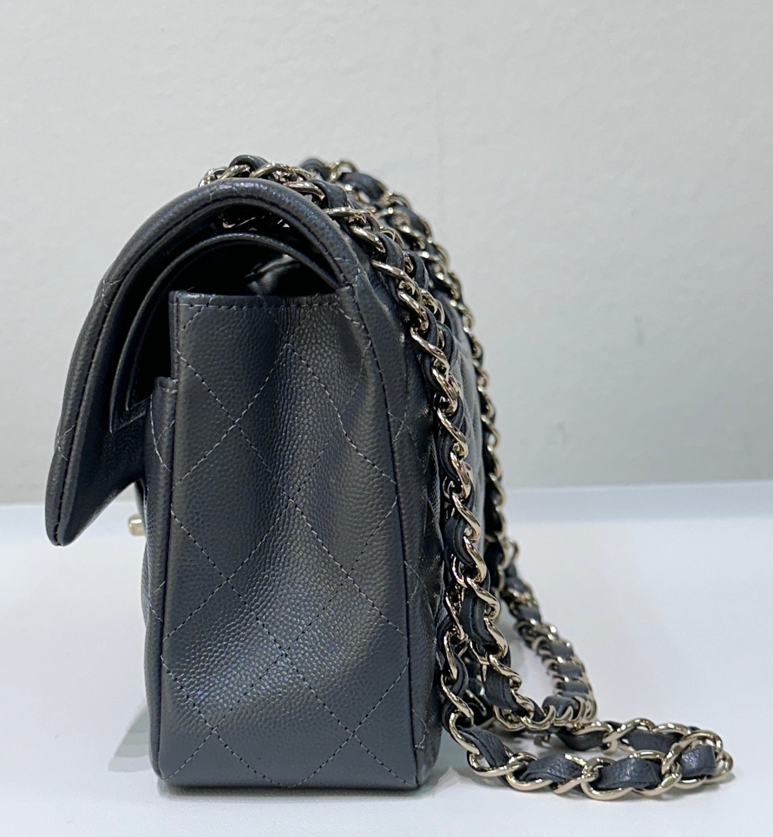 CHNL Caviar Quilted Small Double Flap Dark Grey