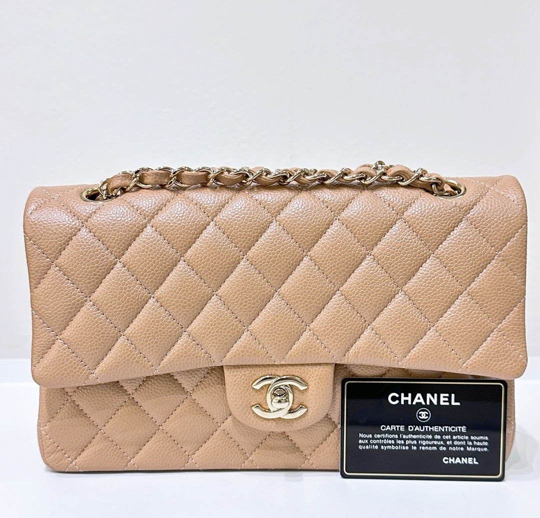 CHNL Caviar Quilted Medium Double Flap Beige
